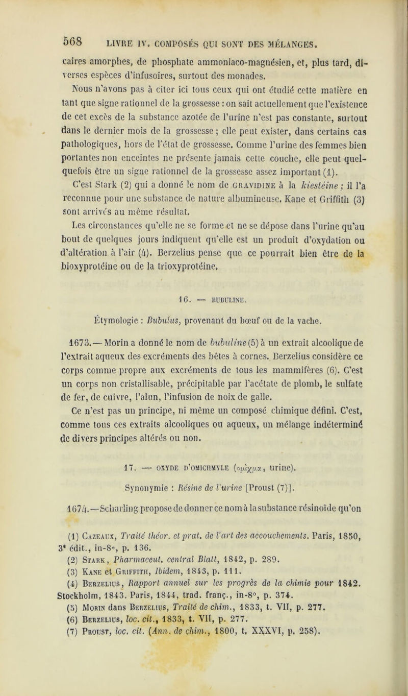 caires amorphes, de phosphate ammoniaco-magnésien, et, plus tard, di- verses espèces d’iafusoircs, surtout des monades. Nous n’avons pas à citer ici tous ceux qui ont étudié cette matière en tant que signe rationnel de la grossesse : on sait actuellement que l’existence de cet excès de la substance azotée de l’urine n’est pas constante, surtout dans le dernier mois de la grossesse ; elle peut exister, dans certains cas pathologiques, hors de l’état de grossesse. Comme l’urine des femmes bien portantes non enceintes ne présente jamais celte couche, elle peut quel- quefois être un signe rationnel de la grossesse assez important (1). C’est Stark (2) qui a donné le nom de gravidine à la kiestéine ; il l’a reconnue pour une substance de nature albumineuse. Kane et Griffith (3) sont arrivés au même résultat. Les circonstances qu’elle ne se forme et ne se dépose dans l’urine qu’au bout de quelques jours indiquent qu'elle est un produit d’oxydation ou d’altération à l’air (/i). Berzclius pense que ce pourrait bien être de la bioxyproléinc ou de la trioxyprotéine, 16. — BUBULINE. Étymologie : Dubuîus, provenant du bœuf ou de la vache. 1673.— Morin a donné le nom de bubuline (5) a un extrait alcoolique de l’extrait aqueux des excréments des bêles h cornes. Berzelius considère ce corps comme propre aux excréments de tous les mammifères (6). C’est un corps non cristallisable, précipitable par l’acétate de plomb, le sulfate de fer, de cuivre, l’alun, l’infusion de noix de galle. Ce n’est pas un principe, ni même un composé chimique défini. C’est, comme tous ces extraits alcooliques ou aqueux, un mélange indéterminé de divers principes altérés ou non. 17. — oxyde d’omicumyle (n/j'^ux, urine). Synonymie : Résine de l'urine (Proust (7)]. 167Zi.—Scharling propose de donner ce nom à la substance résinoïde qu'on (1) Cazeaux, Traité théor. et prat. de l’art des accouchements. Paris, 1850, 3* édit., in-8,>, p. 136. (2) Stark, Pharmaceut. central Blatt, 1842, p. 289. (3) Kane et Griffith, Ibidem, 1843, p. lit. (4) Berzelius, Rapport annuel sur les progrès de la chimie pour 1842. Stockholm, 1843. Paris, 1844, trad. franç., in-8°, p. 374. (5) Morin dans Berzelius, Traité de chim., 1833, t. VIT, p. 277. (6) Berzelius, loc. cit., 1833, t. VII, p. 277. (7) Proust, loc. cit. (Ann. de chim., 1800, t. XXXVI, p. 258).