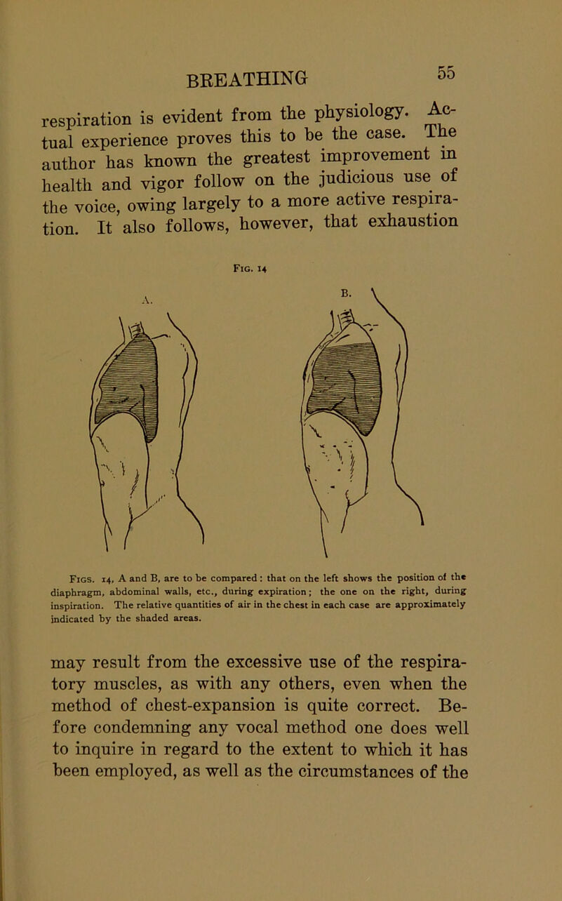 respiration is evident from the physiology. Ac- tual experience proves this to be the case. The author has known the greatest improvement in health and vigor follow on the judicious use of the voice, owing largely to a more active respira- tion. It also follows, however, that exhaustion Fig. 14 Figs. 14, A and B, are to be compared: that on the left shows the position of the diaphragm, abdominal walls, etc., during expiration; the one on the right, during inspiration. The relative quantities of air in the chest in each case are approximately indicated by the shaded areas. may result from the excessive use of the respira- tory muscles, as with any others, even when the method of chest-expansion is quite correct. Be- fore condemning any vocal method one does well to inquire in regard to the extent to which it has been employed, as well as the circumstances of the