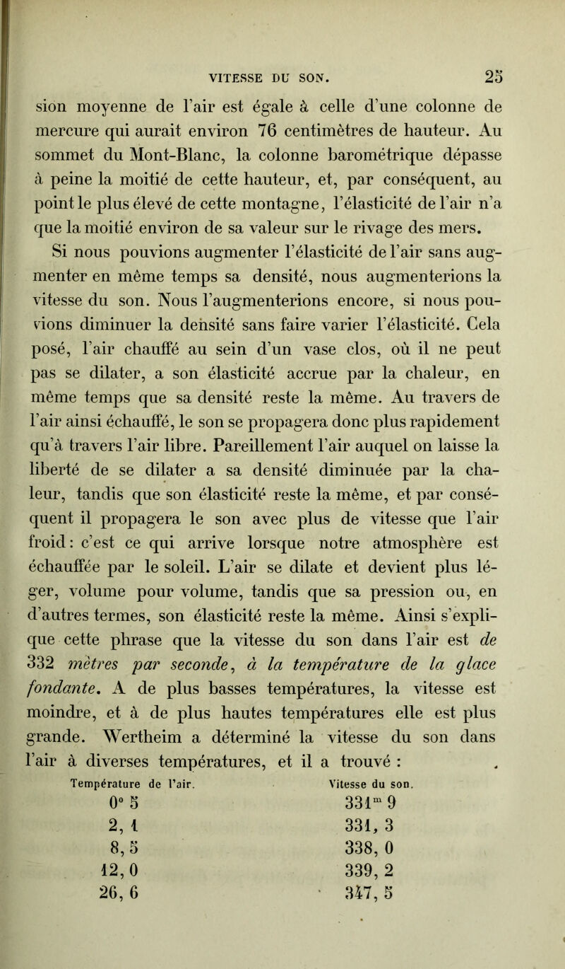 sion moyenne de l’air est égale à celle d’une colonne de mercure qui aurait environ 76 centimètres de hauteur. Au sommet du Mont-Blanc, la colonne barométrique dépasse à peine la moitié de cette hauteur, et, par conséquent, au point le plus élevé de cette montagne, l’élasticité de l’air n’a que la moitié environ de sa valeur sur le rivage des mers. Si nous pouvions augmenter l’élasticité de l’air sans aug- menter en même temps sa densité, nous augmenterions la vitesse du son. Nous l’augmenterions encore, si nous pou- vions diminuer la densité sans faire varier l’élasticité. Cela posé, l’air chauffé au sein d’un vase clos, où il ne peut pas se dilater, a son élasticité accrue par la chaleur, en même temps que sa densité reste la même. Au travers de l’air ainsi échauffé, le son se propagera donc plus rapidement qu’à travers l’air libre. Pareillement l’air auquel on laisse la liberté de se dilater a sa densité diminuée par la cha- leur, tandis que son élasticité reste la même, et par consé- quent il propagera le son avec plus de vitesse que l’air froid: c’est ce qui arrive lorsque notre atmosphère est échauffée par le soleil. L’air se dilate et devient plus lé- ger, volume pour volume, tandis que sa pression ou, en d’autres termes, son élasticité reste la même. Ainsi s’expli- que cette phrase que la vitesse du son dans l’air est de 332 mètres par seconde, à la température de la glace fondante. A de plus basses températures, la vitesse est moindre, et à de plus hautes températures elle est plus grande. Wertheim a déterminé la vitesse du son dans l’air à diverses températures, et il a trouvé : îérature de l’air. Vitesse du son. 0° 5 331m 9 2,1 331, 3 8,5 338, 0 12,0 339, 2 26, 6 347, 5