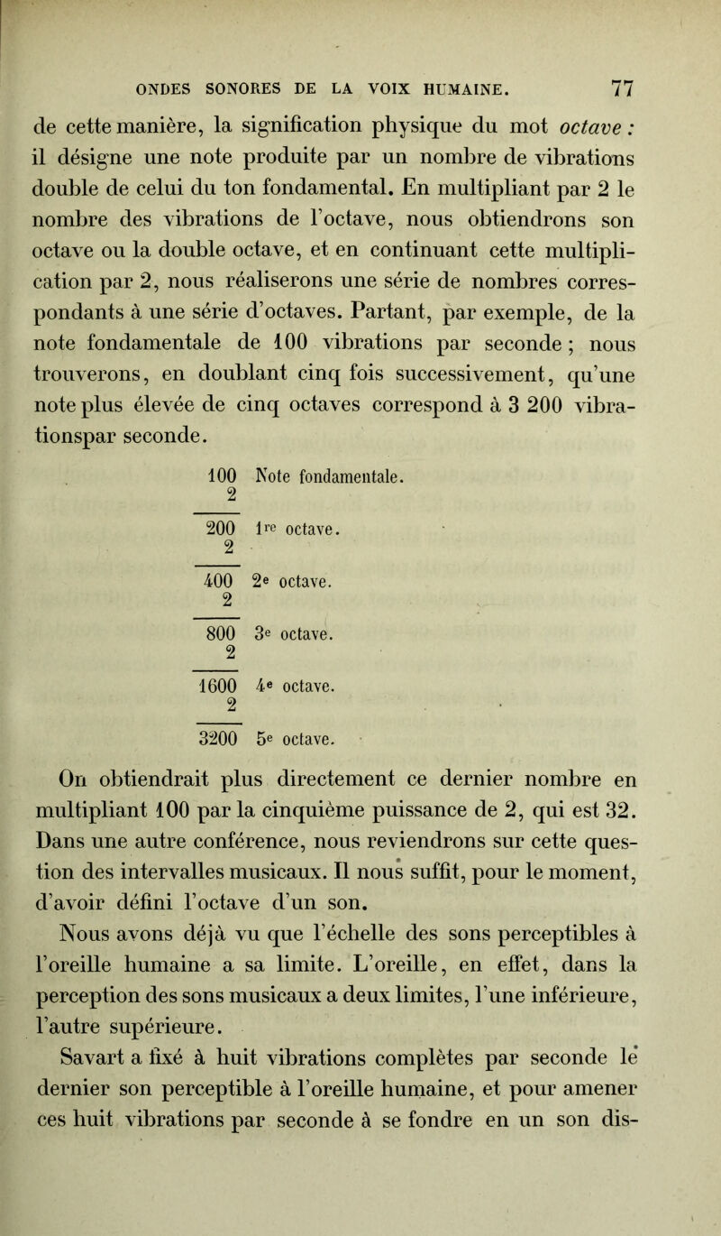 de cette manière, la signification physique du mot octave : il désigne une note produite par un nombre de vibrations double de celui du ton fondamental. En multipliant par 2 le nombre des vibrations de l’octave, nous obtiendrons son octave ou la double octave, et en continuant cette multipli- cation par 2, nous réaliserons une série de nombres corres- pondants à une série d’octaves. Partant, par exemple, de la note fondamentale de 100 vibrations par seconde ; nous trouverons, en doublant cinq fois successivement, qu’une note plus élevée de cinq octaves correspond à 3 200 vibra- tionspar seconde. 100 Note fondamentale. 2 200 lre octave. 2 400 2e octave. 2 800 3e octave. 2 1600 4e octave. 2 3200 5e octave. On obtiendrait plus directement ce dernier nombre en multipliant 100 par la cinquième puissance de 2, qui est 32. Dans une autre conférence, nous reviendrons sur cette ques- tion des intervalles musicaux. Il nous suffit, pour le moment, d’avoir défini l’octave d’un son. Nous avons déjà vu que l’échelle des sons perceptibles à l’oreille humaine a sa limite. L’oreille, en effet, dans la perception des sons musicaux a deux limites, l’une inférieure, l’autre supérieure. Savart a fixé à huit vibrations complètes par seconde le* dernier son perceptible à l’oreille humaine, et pour amener ces huit vibrations par seconde à se fondre en un son dis-