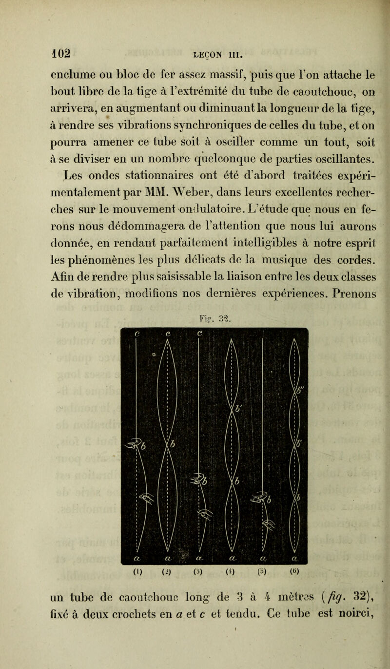 enclume ou bloc de fer assez massif, puis que Ton attache le bout libre de la tige à l’extrémité du tube de caoutchouc, on arrivera, en augmentant ou diminuant la longueur de la tige, à rendre ses vibrations synchroniques de celles du tube, et on pourra amener ce tube soit à osciller comme un tout, soit à se diviser en un nombre quelconque de parties oscillantes. Les ondes stationnaires ont été d’abord traitées expéri- mentalement par MM. Weber, dans leurs excellentes recher- ches sur le mouvement ondulatoire. L’étude que nous en fe- rons nous dédommagera de l’attention que nous lui aurons donnée, en rendant parfaitement intelligibles à notre esprit les phénomènes les plus délicats de la musique des cordes. Afin de rendre plus saisissable la liaison entre les deux classes de vibration, modifions nos dernières expériences. Prenons Fi?, n. (1) (J) (3) (4) (5) («) un tube de caoutchouc long de 3 à 4 mètres (fig* 32), fixé à deux crochets en a et c et tendu. Ce tube est noirci,