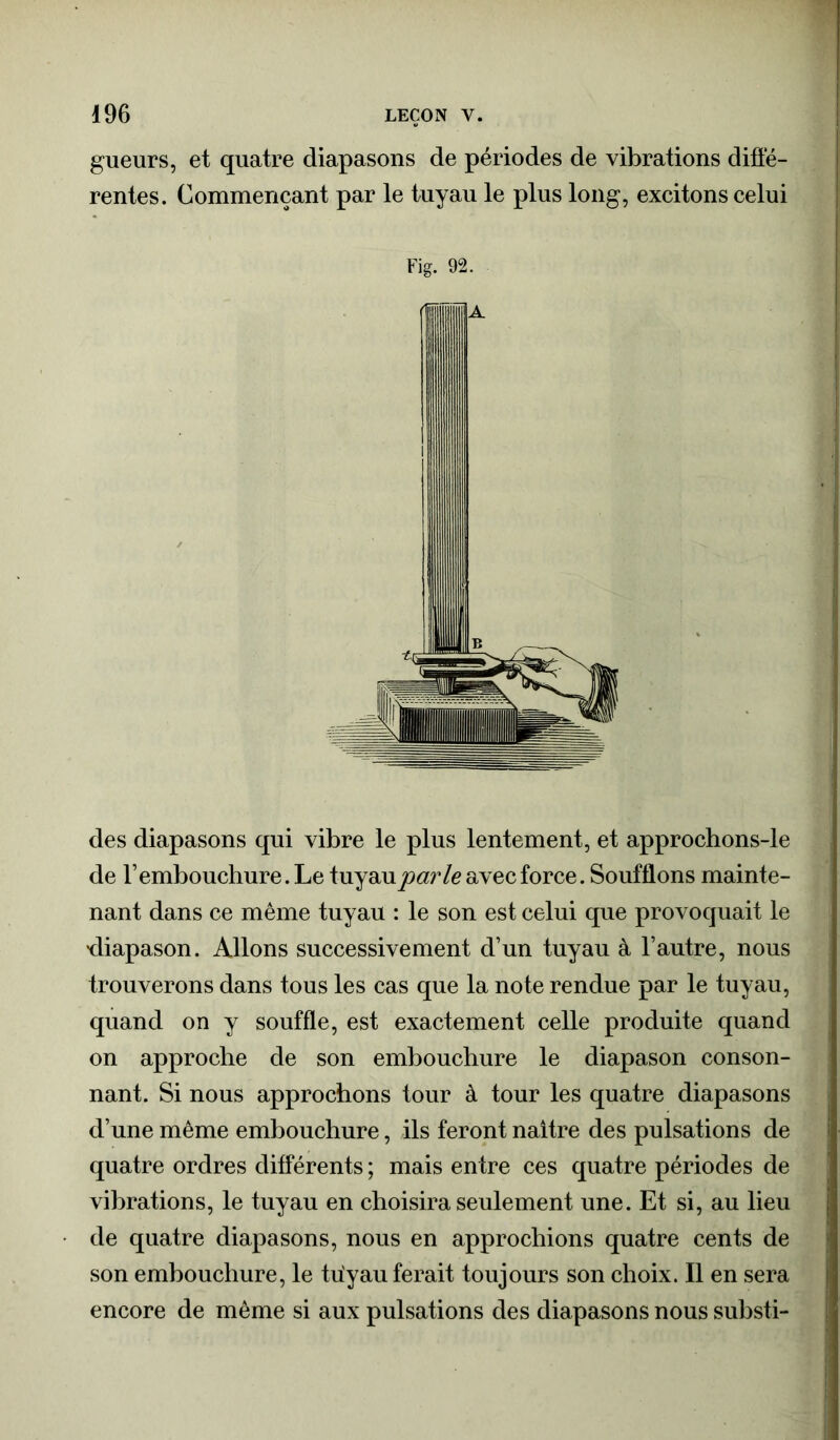 gueurs, et quatre diapasons de périodes de vibrations diffé- rentes. Commençant par le tuyau le plus long, excitons celui Fig. 92. des diapasons qui vibre le plus lentement, et approchons-le de l’embouchure. Le tuyau joar/e avec force. Soufflons mainte- nant dans ce même tuyau : le son est celui que provoquait le 'diapason. Allons successivement d’un tuyau à l’autre, nous trouverons dans tous les cas que la note rendue par le tuyau, quand on y souffle, est exactement celle produite quand on approche de son embouchure le diapason conson- nant. Si nous approchons tour à tour les quatre diapasons d’une même embouchure, ils feront naître des pulsations de quatre ordres différents ; mais entre ces quatre périodes de vibrations, le tuyau en choisira seulement une. Et si, au lieu de quatre diapasons, nous en approchions quatre cents de son embouchure, le tiïyau ferait toujours son choix. Il en sera encore de même si aux pulsations des diapasons nous substi-