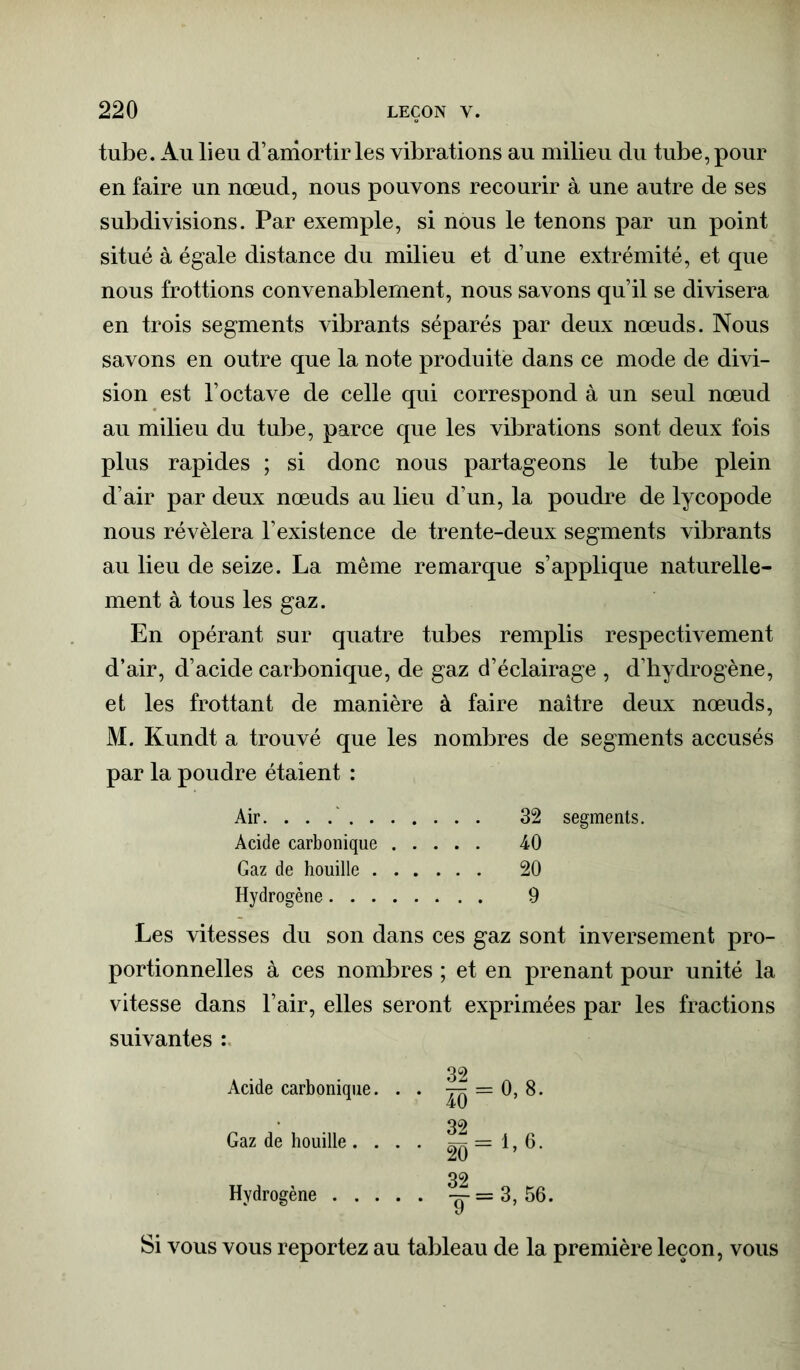 tube. Au lieu d’amortir les vibrations au milieu du tube, pour en faire un nœud, nous pouvons recourir à une autre de ses subdivisions. Par exemple, si nous le tenons par un point situé à égale distance du milieu et d’une extrémité, et que nous frottions convenablement, nous savons qu’il se divisera en trois segments vibrants séparés par deux nœuds. Nous savons en outre que la note produite dans ce mode de divi- sion est l’octave de celle qui correspond à un seul nœud au milieu du tube, parce que les vibrations sont deux fois plus rapides ; si donc nous partageons le tube plein d’air par deux nœuds au lieu d’un, la poudre de lycopode nous révélera l’existence de trente-deux segments vibrants au lieu de seize. La même remarque s’applique naturelle- ment à tous les gaz. En opérant sur quatre tubes remplis respectivement d’air, d’acide carbonique, de gaz d’éclairage , d’hydrogène, et les frottant de manière à faire naître deux nœuds, M. Kundt a trouvé que les nombres de segments accusés par la poudre étaient : Air. . . . 32 segments. Acide carbonique 40 Gaz de houille 20 Hydrogène 9 Les vitesses du son dans ces gaz sont inversement pro- portionnelles à ces nombres ; et en prenant pour unité la vitesse dans l’air, elles seront exprimées par les fractions suivantes : Acide carbonique. . . = 0, 8. 32 Gaz de houille .... ^=1,6. 09 Hydrogène —=3,56 Si vous vous reportez au tableau de la première leçon, vous