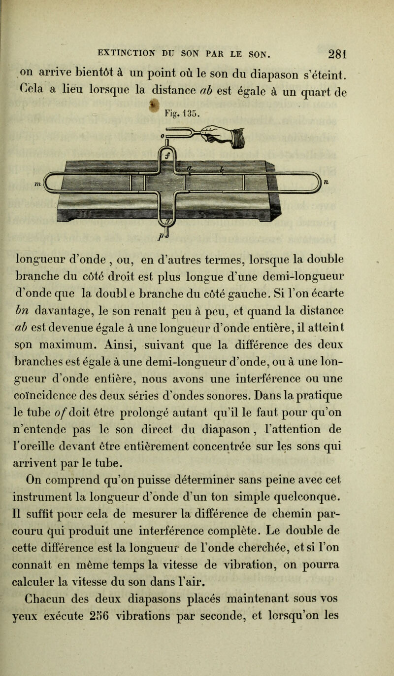 on arrive bientôt à un point où le son du diapason s’éteint. Cela a lieu lorsque la distance ab est égale à un quart de longueur d’onde , ou, en d’autres termes, lorsque la double branche du côté droit est plus longue d’une demi-lopgueur d’onde que la double branche du côté gauche. Si l’on écarte bn davantage, le son renaît peu à peu, et quand la distance ab est devenue égale à une longueur d’onde entière, il atteint son maximum. Ainsi, suivant que la différence des deux branches est égale à une demi-longueur d’onde, ou à une lon- gueur d’onde entière, nous avons une interférence ou une coïncidence des deux séries d’ondes sonores. Dans la pratique le tube o/'doit être prolongé autant qu’il le faut pour qu’on n’entende pas le son direct du diapason, l’attention de l’oreille devant être entièrement concentrée sur les sons qui arrivent par le tube. On comprend qu’on puisse déterminer sans peine avec cet instrument la longueur d’onde d’un ton simple quelconque. Il suffit pour cela de mesurer la différence de chemin par- couru qui produit une interférence complète. Le double de cette différence est la longueur de l’onde cherchée, et si l’on connaît en même temps la vitesse de vibration, on pourra calculer la vitesse du son dans l’air. Chacun des deux diapasons placés maintenant sous vos yeux exécute 256 vibrations par seconde, et lorsqu’on les