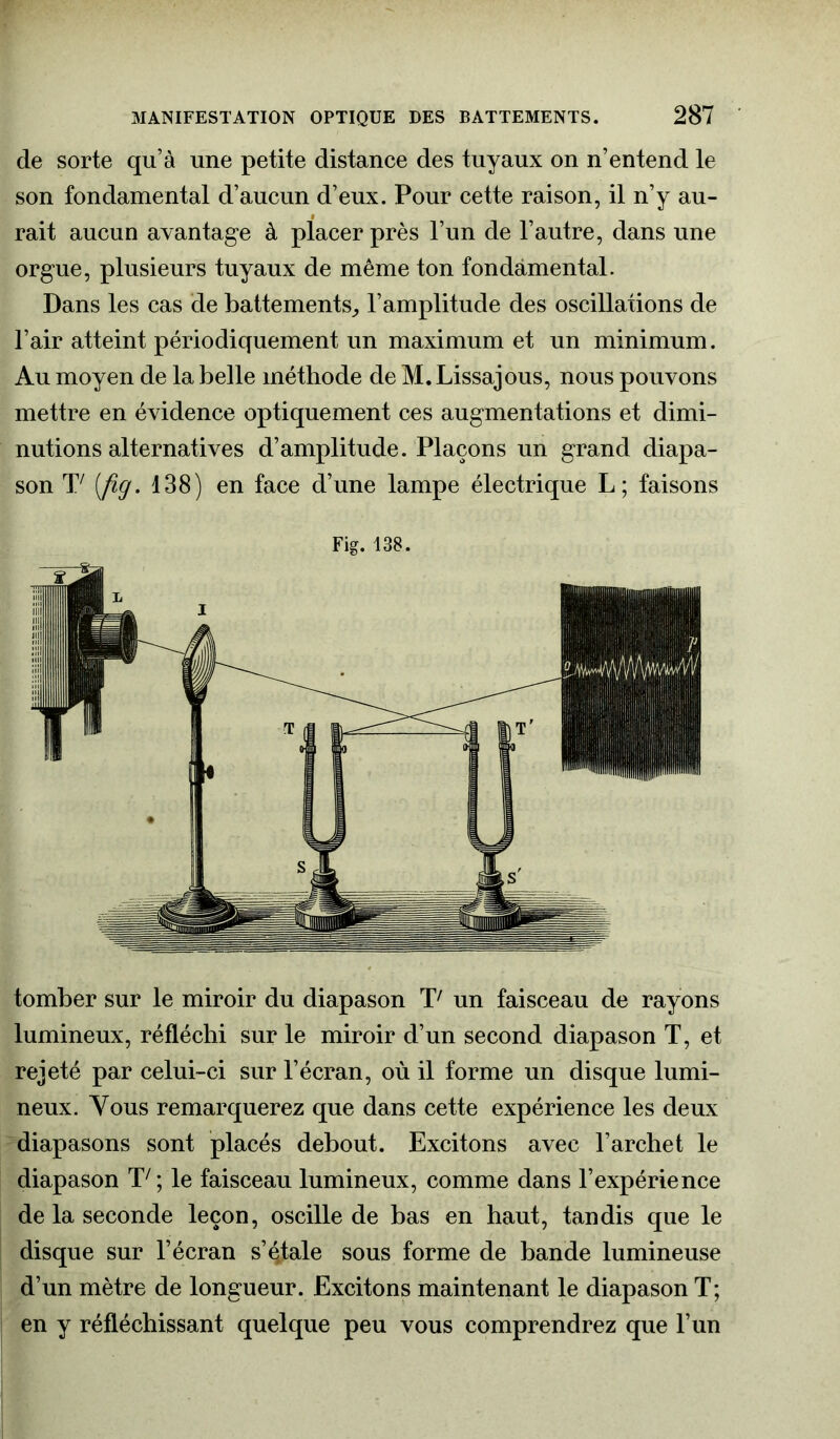 de sorte qu’à une petite distance des tuyaux on n’entend le son fondamental d’aucun d’eux. Pour cette raison, il n’y au- rait aucun avantage à placer près l’un de l’autre, dans une orgue, plusieurs tuyaux de même ton fondamental. Dans les cas de battements, l’amplitude des oscillations de l’air atteint périodiquement un maximum et un minimum. Au moyen de la belle méthode de M.Lissajous, nous pouvons mettre en évidence optiquement ces augmentations et dimi- nutions alternatives d’amplitude. Plaçons un grand diapa- son V (fig. 138) en face d’une lampe électrique L; faisons Fig. 138. tomber sur le miroir du diapason T7 un faisceau de rayons lumineux, réfléchi sur le miroir d’un second diapason T, et rejeté par celui-ci sur l’écran, où il forme un disque lumi- neux. Yous remarquerez que dans cette expérience les deux diapasons sont placés debout. Excitons avec l’archet le diapason T7; le faisceau lumineux, comme dans l’expérience de la seconde leçon, oscille de bas en haut, tandis que le disque sur l’écran s’étale sous forme de bande lumineuse d’un mètre de longueur. Excitons maintenant le diapason T; en y réfléchissant quelque peu vous comprendrez que l’un