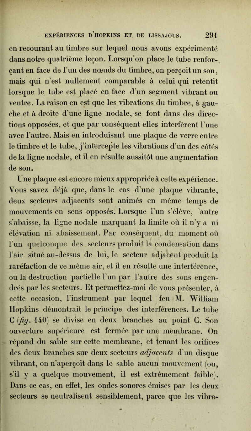 en recourant au timbre sur lequel nous avons expérimenté dans notre quatrième leçon. Lorsqu’on place le tube renfor-, çant en face de l’un des nœuds du timbre, on perçoit un son, mais qui n’est nullement comparable à celui qui retentit lorsque le tube est placé en face d’un segment vibrant ou ventre. La raison en est que les vibrations du timbre, à gau- che et à droite d’une ligne nodale, se font dans des direc- tions opposées, et que par conséquent elles interfèrent l’une avec l’autre. Mais en introduisant une plaque de verre entre le timbre et le tube, j’intercepte les vibrations d’un des côtés de la ligne nodale, et il en résulte aussitôt une augmentation de son. Une plaque est encore mieux appropriée à cette expérience. Yous savez déjà que, dans le cas d’une plaque vibrante, deux secteurs adjacents sont animés en même temps de mouvements en sens opposés. Lorsque l’un s’élève, ’autre s’abaisse, la ligne nodale marquant la limite où il n’y a ni élévation ni abaissement. Par conséquent, du moment où F un quelconque des secteurs produit la condensation dans l’air situé au-dessus de lui, le secteur adjacent produit la raréfaction de ce même air, et il en résulte une interférence, ou la destruction partielle l’un par l’autre des sons engen- drés par les secteurs. Et permettez-moi de vous présenter, à cette occasion, l’instrument par lequel feu M. William Hopkins démontrait le principe des interférences. Le tube C [ftg. 140) se divise en deux branches au point G. Son ouverture supérieure est fermée par une membrane. On répand du sable sur cette membrane, et tenant les orifices des deux branches sur deux secteurs adjacents d’un disque vibrant, on n’aperçoit dans le sable aucun mouvement (ou, s’il y a quelque mouvement, il est extrêmement faible). Dans ce cas, en effet, les ondes sonores émises par les deux secteurs se neutralisent sensiblement, parce que les vibra-