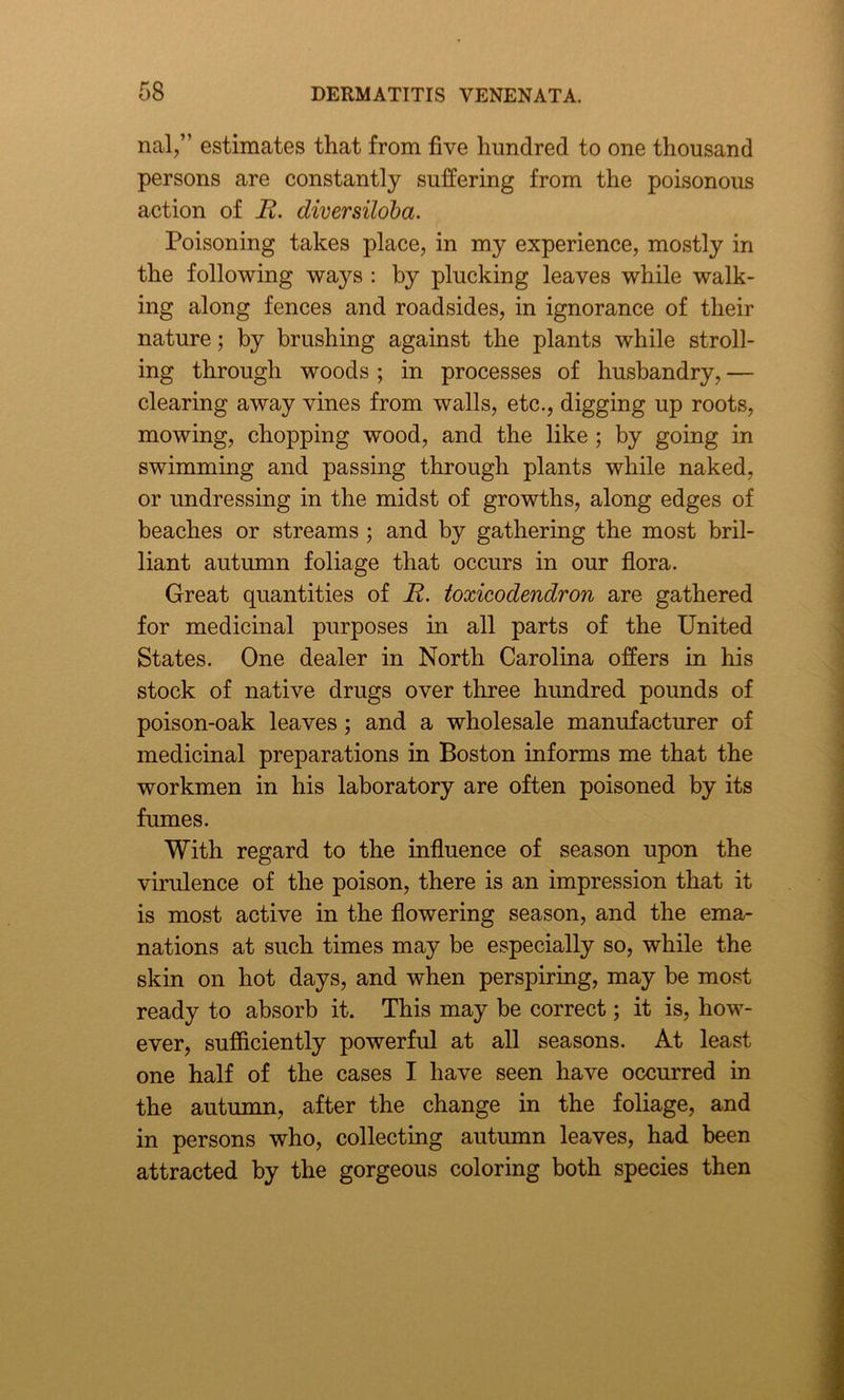 nal,” estimates that from five hundred to one thousand persons are constantly suffering from the poisonous action of R. diversiloba. Poisoning takes place, in my experience, mostly in the following ways : by plucking leaves while walk- ing along fences and roadsides, in ignorance of their nature; by brushing against the plants while stroll- ing through woods ; in processes of husbandry, — clearing away vines from walls, etc., digging up roots, mowing, chopping wood, and the like ; by going in swimming and passing through plants while naked, or undressing in the midst of growths, along edges of beaches or streams ; and by gathering the most bril- liant autumn foliage that occurs in our flora. Great quantities of R. toxicodendron are gathered for medicinal purposes in all parts of the United States. One dealer in North Carolina offers in his stock of native drugs over three hundred pounds of poison-oak leaves; and a wholesale manufacturer of medicinal preparations in Boston informs me that the workmen in his laboratory are often poisoned by its fumes. With regard to the influence of season upon the virulence of the poison, there is an impression that it is most active in the flowering season, and the ema- nations at such times may be especially so, while the skin on hot days, and when perspiring, may be most ready to absorb it. This may be correct; it is, how- ever, sufficiently powerful at all seasons. At least one half of the cases I have seen have occurred in the autumn, after the change in the foliage, and in persons who, collecting autumn leaves, had been attracted by the gorgeous coloring both species then