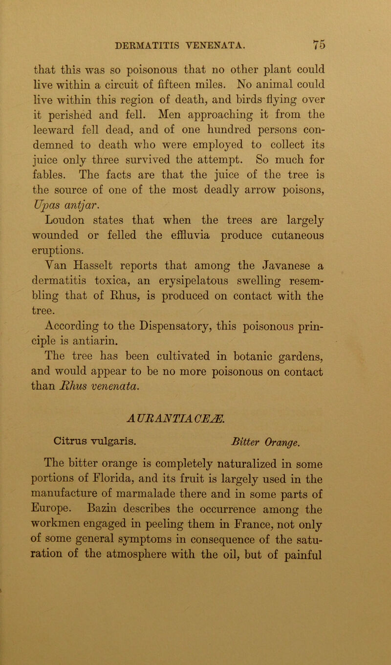 that this was so poisonous that no other plant could live within a circuit of fifteen miles. No animal could live within this region of death, and birds flying over it perished and fell. Men approaching it from the leeward fell dead, and of one hundred persons con- demned to death who were employed to collect its juice only three survived the attempt. So much for fables. The facts are that the juice of the tree is the source of one of the most deadly arrow poisons, Upas antjar. Loudon states that when the trees are largely wounded or felled the effluvia produce cutaneous eruptions. Yan Hasselt reports that among the Javanese a dermatitis toxica, an erysipelatous swelling resem- bling that of Rhus, is produced on contact with the tree. According to the Dispensatory, this poisonous prin- ciple is antiarin. The tree has been cultivated in botanic gardens, and would appear to be no more poisonous on contact than Rhus venenata. AURANTIA CEJE. Citrus vulgaris. Bitter Orange. The bitter orange is completely naturalized in some portions of Florida, and its fruit is largely used in the manufacture of marmalade there and in some parts of Europe. Bazin describes the occurrence among the workmen engaged in peeling them in France, not only of some general symptoms in consequence of the satu- ration of the atmosphere with the oil, but of painful