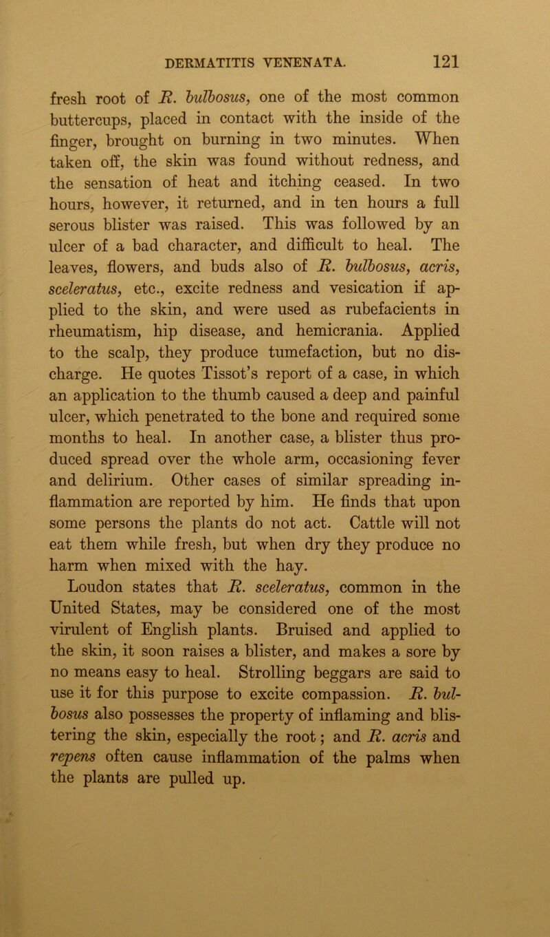 fresh root of R. bulbosus, one of the most common buttercups, placed in contact with the inside of the finger, brought on burning in two minutes. When taken off, the skin was found without redness, and the sensation of heat and itching ceased. In two hours, however, it returned, and in ten hours a full serous blister was raised. This was followed by an ulcer of a bad character, and difficult to heal. The leaves, flowers, and buds also of R. bulbosus, acris, sceleratus, etc., excite redness and vesication if ap- plied to the skin, and were used as rubefacients in rheumatism, hip disease, and hemicrania. Applied to the scalp, they produce tumefaction, but no dis- charge. He quotes Tissot’s report of a case, in which an application to the thumb caused a deep and painful ulcer, which penetrated to the bone and required some months to heal. In another case, a blister thus pro- duced spread over the whole arm, occasioning fever and delirium. Other cases of similar spreading in- flammation are reported by him. He finds that upon some persons the plants do not act. Cattle will not eat them while fresh, but when dry they produce no harm when mixed with the hay. Loudon states that R. sceleratus, common in the United States, may be considered one of the most virulent of English plants. Bruised and applied to the skin, it soon raises a blister, and makes a sore by no means easy to heal. Strolling beggars are said to use it for this purpose to excite compassion. R. bul- bosus also possesses the property of inflaming and blis- tering the skin, especially the root; and R. acris and repens often cause inflammation of the palms when the plants are pulled up.