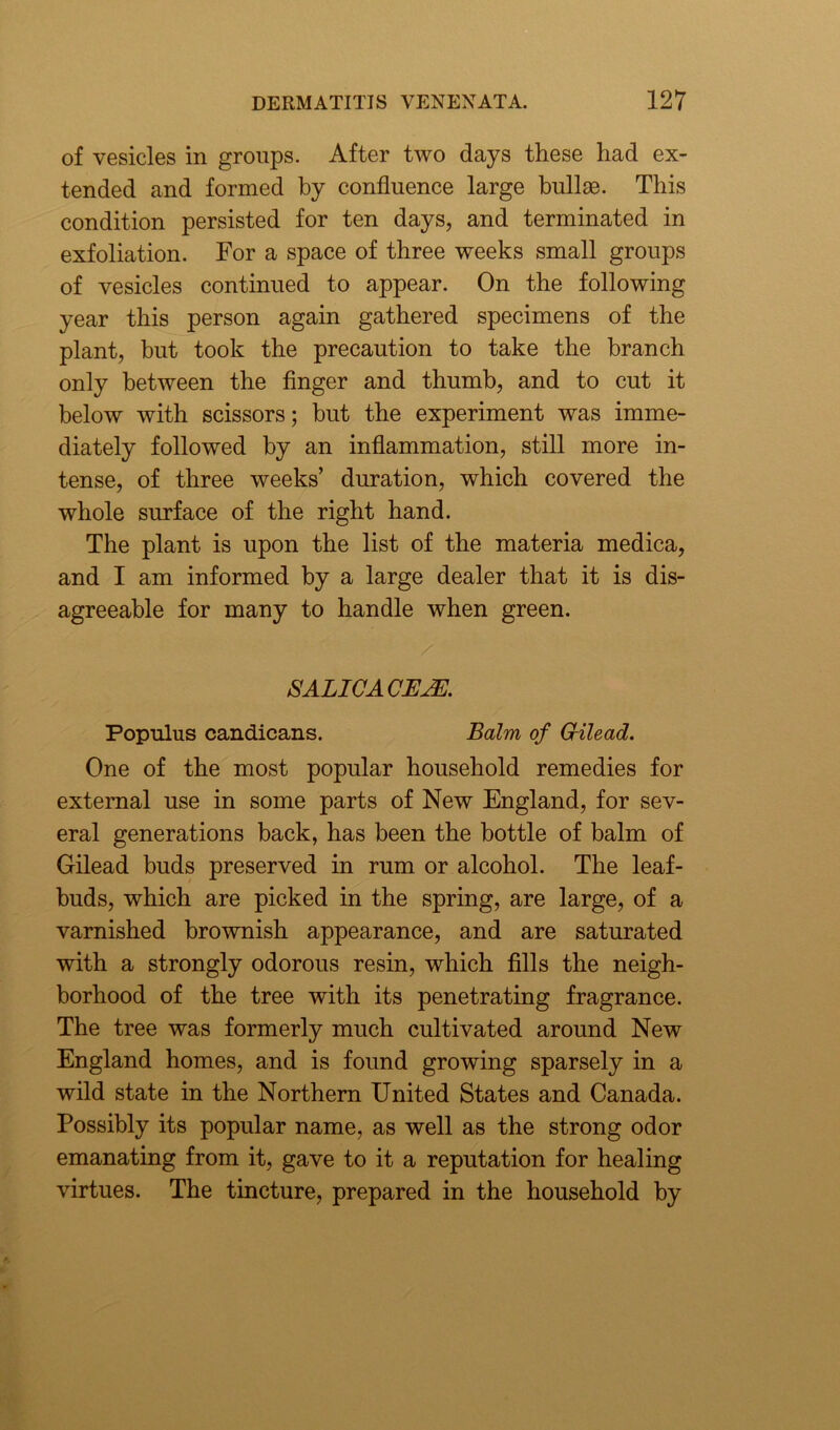 of vesicles in groups. After two days these had ex- tended and formed by confluence large bullae. This condition persisted for ten days, and terminated in exfoliation. For a space of three weeks small groups of vesicles continued to appear. On the following year this person again gathered specimens of the plant, but took the precaution to take the branch only between the finger and thumb, and to cut it below with scissors; but the experiment was imme- diately followed by an inflammation, still more in- tense, of three weeks’ duration, which covered the whole surface of the right hand. The plant is upon the list of the materia medica, and I am informed by a large dealer that it is dis- agreeable for many to handle when green. SALIC ACE£1. Populus candicans. Balm of G-ilead. One of the most popular household remedies for external use in some parts of New England, for sev- eral generations back, has been the bottle of balm of Gilead buds preserved in rum or alcohol. The leaf- buds, which are picked in the spring, are large, of a varnished brownish appearance, and are saturated with a strongly odorous resin, which fills the neigh- borhood of the tree with its penetrating fragrance. The tree was formerly much cultivated around New England homes, and is found growing sparsely in a wild state in the Northern United States and Canada. Possibly its popular name, as well as the strong odor emanating from it, gave to it a reputation for healing virtues. The tincture, prepared in the household by