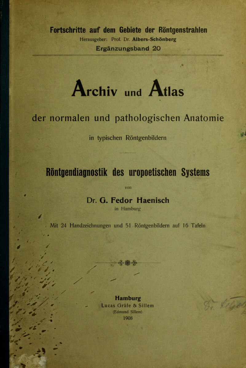 Fortschritte auf dem Gebiete der Röntgenstrahlen Herausgeber: Prof. Dr. Albers-Schönberg Ergänzungsband 20 ,* und der normalen und pathologischen Anatomie in typischen Röntgenbildern Röntgendiagnostik des uropoetiscben Systems von Dr. G. Fedor Haenisch in Hamburg V - Mit 24 Handzeichnungen und 51 Röntgenbildern auf 16 Tafeln •/. */ ' '> v . ✓ • Hamburg Lucas Gräfe & Sillem (Edmund Sillem)