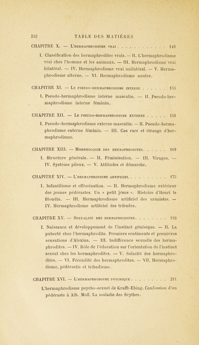 CHAPITRE X. — L’hermaphrodisme vrai 149 I. Classification des hermaphrodites vrais. — II. L’hermaphrodisme vrai chez l’homme et les animaux. — 111. Hermaphrodisme vrai bilatéral. — IV. Hermaphrodisme vrai unilatéral. — V. Herma- phrodisme alterne. — VL Hermaphrodisme neutre. CHAPITRE XI. — Le PSEUDO-HERMAPHRODISME INTERNE 135 I. Pseudo-hermaphrodisme interne masculin. — 11. Pseudo-her- maphrodisme interne féminin. CHAPITRE XII. — Le PSEUDO-HERMAPHRODISME EXTERNE 159 I. Pseudo-hermaphrodisme externe masculin. — IL Pseudo-herma- phrodisme externe féminin. — III. Cas rare et étrange d’her- maphrodisme. CHAPITRE XIII. — Morphologie des hermaphrodites 169 I. Structure générale. — II. Féminisation. — III. Viragos. — IV. Système pileux. — V. Attitudes et démarche. CHAPITRE XIV. — L’hermaphrodisme artificiel 175 I. Infantilisme et effémination. — II. Hermaphrodisme extérieur des jeunes pédérastes. Un « petit jésus ». Histoire d’Henri le Blondin. — III. Hermaphrodisme artificiel des uranistes. — IV. Hermaphrodisme artificiel des tribades. CHAPITRE XV. — Sexualité des hermaphrodites 193 I. Naissance et développement de l’instinct génésique. — IL La puberté chez l’hermaphrodite. Premiers sentiments et premières sensations d'Alexina. — III. Indifférence sexuelle des herma- phrodites. — IV. Rôle de l’éducation sur l’orientation de l’instinct sexuel chez les hermaphrodites. — V. Salacité des hermaphro- dites. — VI. Fécondité des hermaphrodites. — VII. Hermaphro- disme, pédérastie et tribadisme. CHAPITRE XVI. — L'hermaphrodisme psychique 211 L’hermaphrodisme psycho-sexuel de Krafft-Ebing. Confession d’un pédéraste à Alb. Moll. La maladie des Scythes.