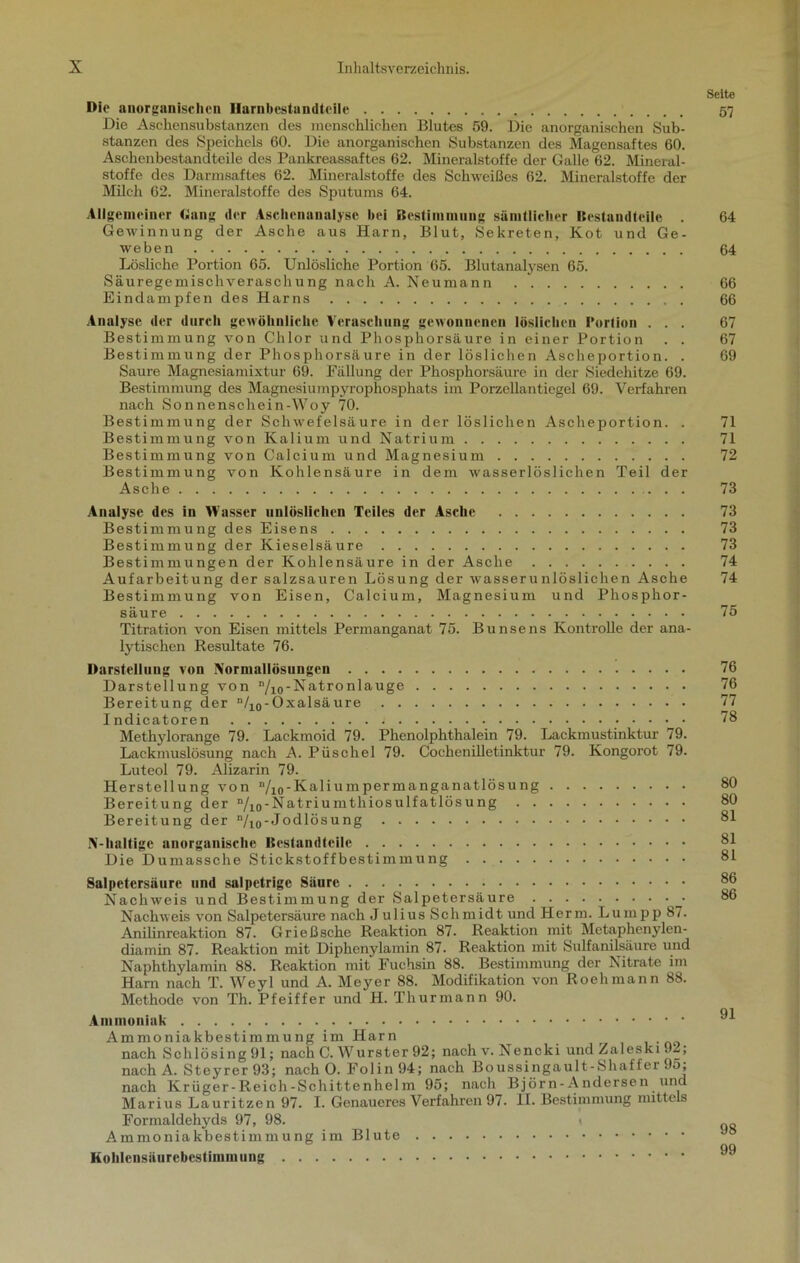 Die anorganischen Hnrnbestnndtcile Die Aschensubstanzen des menschlichen Blutes 59. Die anorganischen Sub- stanzen des Speichels 60. Die anorganischen Substanzen des Magensaftes 60. Aschenbestandteile des Pankreassaftes 62. Mineralstoffe der Galle 62. Mineral- stoffe des Darmsaftes 62. Mineralstoffe des Schweißes 62. Mineralstoffe der Milch 62. Mineralstoffe des Sputums 64. Allgemeiner Gang der Aschenanalyse bei Bestimmung sämtlicher Bestandteile . Gewinnung der Asche aus Harn, Blut, Sekreten, Kot und Ge- weben Lösliche Portion 65. Unlösliche Portion 65. Blutanalysen 65. Säuregemischveraschung nach A. Neumann Eindampfen des Harns Analyse der durch gewöhnliche Veraschung gewonnenen löslichen Portion . . . Bestimmung von Chlor und Phosphorsäure in einer Portion . . Bestimmung der Phosphorsäure in der löslichen Ascheportion. . Saure Magnesiamixtur 69. Fällung der Phosphorsäure in der Siedehitze 69. Bestimmung des Magnesiumpyrophosphats im Porzellantiegel 69. Verfahren nach Sonnenschein-Woy 70. Bestimmung der Schwefelsäure in der löslichen Ascheportion. . Bestimmung von Kalium und Natrium Bestimmung von Calcium und Magnesium Bestimmung von Kohlensäure in dem wasserlöslichen Teil der Asche Analyse des in Wasser unlöslichen Teiles der Asche Bestimmung des Eisens Bestimmung der Kieselsäure Bestimmungen der Kohlensäure in der Asche Aufarbeitung der salzsauren Lösung der wasserunlöslichen Asche Bestimmung von Eisen, Calcium, Magnesium und Phosphor- säure Titration von Eisen mittels Permanganat 75. Bunsens Kontrolle der ana- lytischen Resultate 76. Darstellung von Normallösungen Darstellung von n/10-Natronlauge Bereitung der ”/10-Oxalsäure Indicatoren Methylorange 79. Lackmoid 79. Phenolphthalein 79. Lackmustinktur 79. Lackmuslösung nach A. Püschel 79. Cochenilletinktur 79. Kongorot 79. Luteol 79. Alizarin 79. Herstellung von n/io -Kaliumpermanganatlösung Bereitung der n/10-Natriumthiosulfatlösung Bereitung der /ioJodlösung N-haltige anorganische Bestandteile Die Dumassche Stickstoffbestimmung Salpetersäure und salpetrige Säure Nachweis und Bestimmung der Salpetersäure • Nachweis von Salpetersäure nach Julius Schmidt und Herrn. Lumpp 87. Anilinreaktion 87. Grießsche Reaktion 87. Reaktion mit Metaphenylen- diamin 87. Reaktion mit Diphenylamin 87. Reaktion mit Sulfanilsäure und Naphthylamin 88. Reaktion mit Fuchsin 88. Bestimmung der \ iträte im Harn nach T. Weyl und A. Meyer 88. Modifikation von Roehmann 88. Methode von Th. Pfeiffer und H. Thurmann 90. Aminuniak Ammoniakbestimmung im Harn nach Schlösing 91; nach C. Wurster92; nachv.Nencki und Zaleski 92; nach A. Steyrer 93; nach 0. Folin 94; nach Boussingault-Shaffer 95, nach Krüger-Reich-Schittenhelm 95; nach Björn-Andersen und Marius Lauritzen 97. I. Genaueres Verfahren 97. II. Bestimmung mittels Formaldehyds 97, 98. Ammoniakbestimmung im Blute Seite 57 64 64 66 66 67 67 69 71 71 72 73 73 73 73 74 74 75 76 76 77 78 80 80 81 81 81 86 86 91 98 99