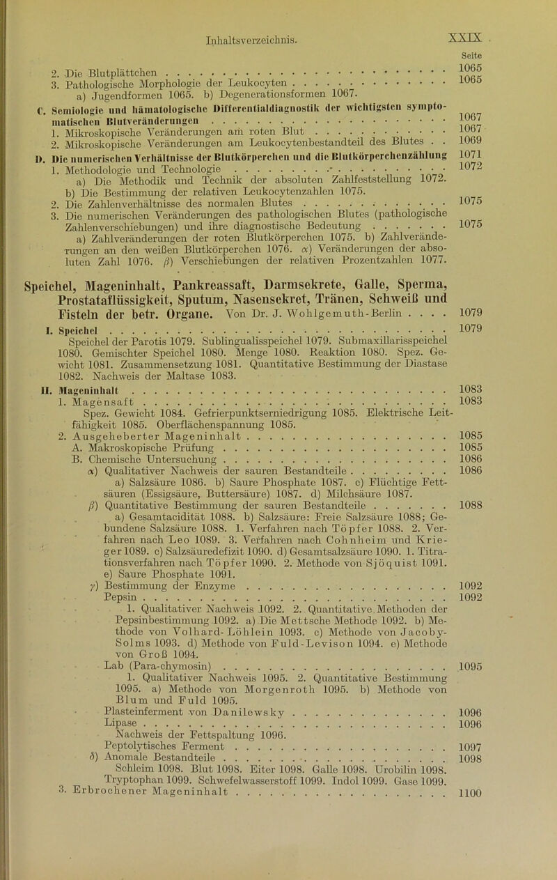 2. Die Blutplättchen 3. Pathologische Morphologie der Leukocyten a) Jugendformen 1065. b) Degenerationsformen 1067. Scmiologie und hämatologisclic Differentialdiagnostik der wichtigsten sympto- matischen Bliitvcranderungen 1. Mikroskopische Veränderungen am roten Blut . . . 2. Mikroskopische Veränderungen am Leukocytenbestandteil des Blutes . . 1). Die numerischen Verhältnisse der Blutkörperchen und die Blutkörperchenzählung 1. Methodologie und Technologie - a) Die Methodik und Technik der absoluten Zahlfeststellung 1072. b) Die Bestimmung der relativen Leukocytenzahlen 1075. 2. Die Zahlenverhältnisse des normalen Blutes • 3. Die numerischen Veränderungen des pathologischen Blutes (pathologische Zahlenverschiebungen) und ihre diagnostische Bedeutung a) Zahlveränderungen der roten Blutkörperchen 1075. b) Zahlverände- rungen an den weißen Blutkörperchen 1076. a) Veränderungen der abso- luten Zahl 1076. ß) Verschiebungen der relativen Prozentzahlen 1077. Seite 1065 1065 1067 1067 1069 1071 1072 1075 1075 Speichel, Mageninhalt, Pankreassaft, Darmsekrete, Galle, Sperma, Prostatafliissigkeit, Sputum, Nasensekret, Tränen, Schweiß und Fisteln der betr. Organe. Von Dr. J. Wohlgemuth-Berlin .... 1079 I. Speichel 1079 Speichel der Parotis 1079. Sublingualisspeichel 1079. Submaxillarisspeichel 1080. Gemischter Speichel 1080. Menge 1080. Reaktion 1080. Spez. Ge- wicht 1081. Zusammensetzung 1081. Quantitative Bestimmung der Diastase 1082. Nachweis der Maltase 1083. II. Mageninhalt 1083 1. Magensaft 1083 Spez. Gewicht 1084. Gefrierpunktserniedrigung 1085. Elektrische Leit- fähigkeit 1085. Oberflächenspannung 1085. 2. Ausgeheberter Mageninhalt 1085 A. Makroskopische Prüfung 1085 B. Chemische Untersuchung 1086 «) Qualitativer Nachweis der sauren Bestandteile 1086 a) Salzsäure 1086. b) Saure Phosphate 1087. c) Flüchtige Fett- säuren (Essigsäure, Buttersäure) 1087. d) Milchsäure 1087. ß) Quantitative Bestimmung der sauren Bestandteile 1088 a) Gesamtacidität 1088. b) Salzsäure: Freie Salzsäure 1088; Ge- bundene Salzsäure 1088. 1. Verfahren nach Töpfer 1088. 2. Ver- fahren nach Leo 1089. 3. Verfahren nach Cohnheim und Krie- ger 1089. e) Salzsäuredefizit 1090. d) Gesamtsalzsäure 1090. 1. Titra- tionsverfahren nach Töpfer 1090. 2. Methode von Sjöquist 1091. e) Saure Phosphate 1091. y) Bestimmung der Enzyme 1092 Pepsin 1092 1. Qualitativer Nachweis 1092. 2. Quantitative Methoden der Pepsinbestimmung 1092. a) Die Mettsche Methode 1092. b) Me- thode von Volhard- Löhlein 1093. c) Methode von Jacoby- Solms 1093. d) Methode von Fuld-Levison 1094. e) Methode von Groß 1094. Lab (Para-chymosin) 1095 1. Qualitativer Nachweis 1095. 2. Quantitative Bestimmung 1095. a) Methode von Morgenroth 1095. b) Methode von Blum und Fuld 1095. Plasteinferment von Danilewsky 1096 Lipase . 1096 Nachweis der Fettspaltung 1096. Peptolytisches Ferment 1097 d) Anomale Bestandteile 1098 Schleim 1098. Blut 1098. Eiter 1098. Galle 1098. Urobilin 1098. Tryptophan 1099. Schwefelwasserstoff 1099. Indol 1099. Gase 1099. 3. Erbrochener Mageninhalt 1100