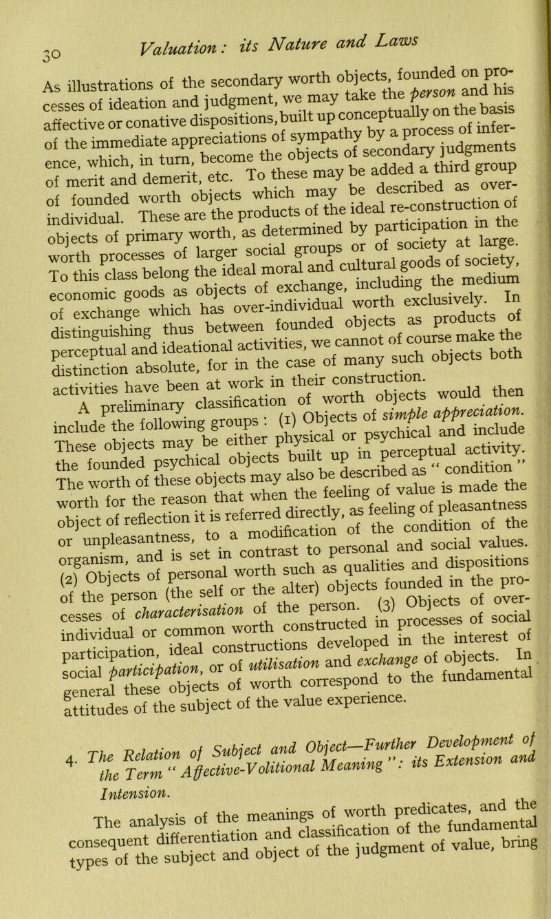 ;o As illustrations of the secondary worth objects-funded on pro- cesses of ideation and judgment, we may take the p affective or conative dispositions, built up c®cePtUpr Jcess* infer. of the immediate appreciations of sympathy y P oi the immeoiate W h objects of secondary judgments ence, which, in turn, become me uuj ,, H P third eroup economic goods as objects o< ■exchange, In of exchance which has over-individual worth exclusively. activities have been at work in thenwould then (2) Objects o Pers the alter\ objects founded in the pro- of the person (the self Derson (3) Objects of over- cesses of characterisation ol_ the pen; ^ g> 3esses o{ SOcial “^il fn the interest of general These ^f^ects of worth correspond to the fundamental attitudes of the subject of the value experience. 4 The Relation of Subject and 4 the Term “ Affective-Volitional Meaning : its Extension Intension. and object of the jndgmen, of value. M