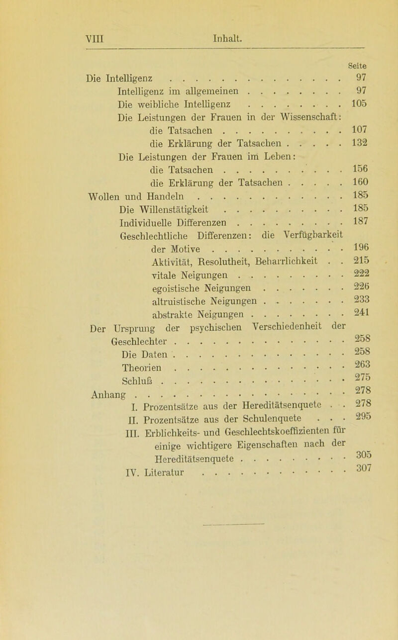 Seite Die Intelligenz 97 Intelligenz im allgemeinen 97 Die weibliche Intelligenz 105 Die Leistungen der Frauen in der Wissenschaft: die Tatsachen 107 die Erklärung der Tatsachen 132 Die Leistungen der Frauen im Leben: die Tatsachen 156 die Erklärung der Tatsachen 160 Wollen und Handeln 185 Die Willenstätigkeit 185 Individuelle Differenzen 187 Geschlechtliche Differenzen: die Verfügbarkeit der Motive 196 Aktivität, Resolutheit, Beharrlichkeit . . 215 vitale Neigungen 222 egoistische Neigungen 226 altruistische Neigungen 233 abstrakte Neigungen 241 Der Ursprung der psychischen Verschiedenheit der Geschlechter 258 Die Daten 258 Theorien 263 Schluß 275 Anhang 278 I. Prozentsätze aus der Hereditätsenquete . . 278 II. Prozentsätze aus der Schulenquete ... 295 III. Erblichkeits- und Geschlechtskoeffizienten für einige wichtigere Eigenschaften nach der Hereditätsenquete dU0 IV. Literatur 307