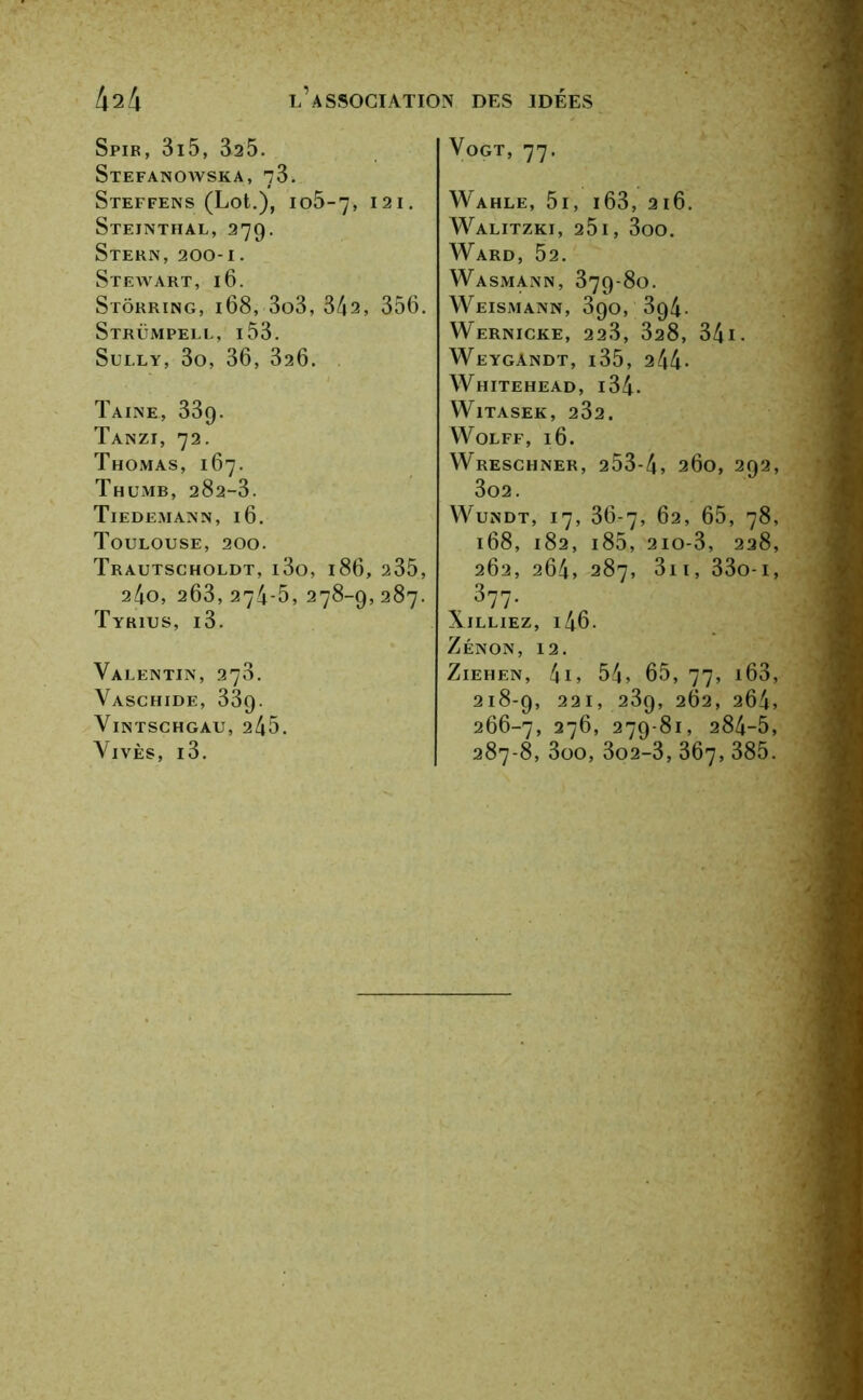 Spir, 3i5, 325. Stefanowska, 73. Steffens (Lot.), io5~7, 121. Steinthal, 279. Stern, 200-1. Stewart, 16. Stôrring, 168, 3o3, 342, 356. Strümpell, i53. Sully, 3o, 36, 320. Taine, 33g. Tanzi, 72. Thomas, 167. Thumb, 282-3. Tiedemann, 16. Toulouse, 200. Trautscholdt, i3o, 186, 235, 240, 263, 274-5, 278-9, 287. Tyrius, i3. Valentin, 273. Vaschide, 339. VlNTSCHGAU, 245. Vives, i3. VoGT, 77. Wahle, 51, 163, 216. Walitzki, 25i, 3oo. Ward, 52. Wasmann, 379-80. WeISMANN, 390, 394. WeRNICKE, 223, 328, 341 . Weygàndt, i35, 244• Whitehead, i34. WlTASEK, 232. Wolff, 16. Wresghner, 253-4, 260, 292, 302. Wundt, 17, 36-7, 62, 65, 78, 168, 182, i85, 210-3, 228, 262, 264, 287, 311, 33o-i, 377. XlLLIEZ, l46. Zenon, 12. Ziehen, 4i, 54, 65, 77, i63, 218-9, 221, 239, 262, 264, 266-7, 276, 279-81, 284-5, 287-8, 3oo, 3o2-3, 367, 385.
