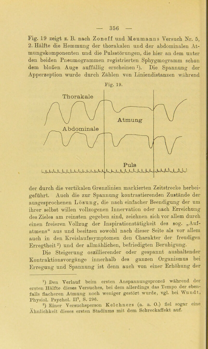 Fig. 19 zeigt z. B. nach Zoneff und Meumanns Versuch Nr. 5, 2. Hälfte die Hemmung der thorakalen und der abdominalen At- mungskomponenten und die Pulsstörungen, die hier an dem unter den beiden Pneumogrammen registrierten Sphygmogramm schon dem bloßen Auge auffällig erscheinen*). Die Spannung der Apperzeption wurde durch Zählen von Liniendistanzen während Fig. 19. der durch die vertikalen Grenzlinien markierten Zeitstrecke herbei- geführt. Auch die zur Spannung kontrastierenden Zustände der ausgesprochenen Lösung, die nach einfacher Beendigung der um ihrer selbst willen vollzogenen Innervation oder nach Erreichung des Zieles am reinsten gegeben sind, zeichnen sich vor allem durch einen freieren Vollzug der Inspirationstätigkeit des sog. „Auf- atmens“ aus und besitzen sowohl nach dieser Seite als vor allem auch in den Kreislaufssymptomen den Charakter der freudigen Erregtheit1 2 *) und der allmählichen, befriedigten Beruhigung. Die Steigerung oszillierender oder gespannt aushaltender Kontraktionsvorgänge innerhalb des ganzen Organismus hei Erregung und Spannung ist denn auch von einer Erhöhung der 1) Den Verlauf beim ersten Anspannungsprozeß während der ersten Hälfte dieses Versuches, hei dem allerdings das Tempo der eben- falls flacheren Atmung noch weniger gestört wurde, vgl. hei Wundt, Physiol. Psychol. II6, S. 296. 2) Einer Versuchsperson Kelchners (a. a. 0.) fiel sogar eine Ähnlichkeit dieses ersten Stadiums mit dem Schreckaffekt auf.