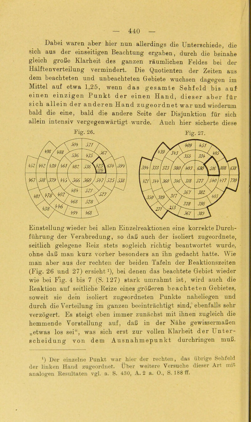 Dabei waren aber hier nun allerdings die Unterschiede, die sich aus der einseitigen Beachtung ergaben, durch die beinahe gleich große Klarheit des ganzen räumlichen Feldes bei der Hälftenverteilung vermindert. Die Quotienten der Zeiten aus dem beachteten und unbeachteten Gebiete wuchsen dagegen im Mittel auf etwa 1,25, wenn das gesamte Sehfeld bis auf einen einzigen Punkt der einen Hand, dieser aber für sich allein der anderen Hand zugeordnet war und wiederum bald die eine, bald die andere Seite der Disjunktion für sich allein intensiv vergegenwärtigt wurde. Auch hier sicherte diese Einstellung wieder bei allen Einzelreaktionen eine korrekte Durch- führung der Verabredung, so daß auch der isoliert zugeordnete, seitlich gelegene Beiz stets sogleich richtig beantwortet wurde, ohne daß man kurz vorher besonders an ihn gedacht hatte. Wie man aber aus der rechten der beiden Tafeln der Beaktionszeiten (Fig. 26 und 27) ersieht1), bei denen das beachtete Gebiet wieder wie bei Fig. 4 bis 7 (S. 127) stark umrahmt ist, wird auch die Reaktion auf seitliche Reize eines größeren beachteten Gebietes, soweit sie dem isoliert zugeordneten Punkte naheliegen und durch die Verteilung im ganzen beeinträchtigt sind, ebenfalls sehr verzögert. Es steigt eben immer zunächst mit ihnen zugleich die hemmende Vorstellung auf, daß in der Nähe gewissermaßen „etwas los sei“, was sich erst zur vollen Klarheit der Unter- scheidung von dem Ausnahmepunkt durchringen muß. l) Der einzelne Punkt war hier der rechten, das übrige Sehfeld der linken Hand zugeordnet. Über weitere Versuche dieser Art mit analogen Resultaten vgl. a. S. 430, A. 2 a. 0., S. 188 ff.