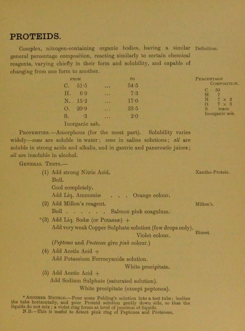 Definition. PROTEIDS. Complex, nitrogen-containing organic bodies, having a similar general percentage composition, reacting similarly to certain chemical reagents, varying chiefly in their form and solubility, and capable changing from one form to another. FROM TO C. 51-5 54-5 H. 6-9 7-3 N. 15-2 17-0 0. 20-9 23-5 s. •3 2-0 Inorganic ash. Properties.—Amorphous (for the most part). Solubility varies widely—some are soluble in water ; some in saline solutions; all are soluble in strong acids and alkalis, and in gastric and pancreatic juices; all are insoluble in alcohol. General Tests.— (1) Add strong Nitric Acid. Boil. Cool completely. Add Liq. Ammoniae . . . Orange colour. (2) Add Millon’s reagent. Boil Salmon pink coagulum.* *(3) Add Liq. Sodae (or Potassse) -f Add very weak Copper Sulphate solution (few drops only). Violet colour. {Peptones and Proteoses give pink colour.) (4) Add Acetic Acid -f- Add Potassium Perrocyanide solution. White precipitate. (5) Add Acetic Acid + Add Sodium Sulphate (saturated solution). White precipitate (except peptones). • Another Method.—Pour some Fehling’s solution into a test tube; incline the tube horizontally, and pour Proteid solution gently down side, so that the liquids do not mix ; a violet ring forms at level of junction of liquids. N.B.—This is useful to detect pink ring of Peptones and Proteoses. Percentage Composition. C. 50 H. 7 N. 7x2 O. 7x3 ,S. trace. Inorganic ash. Xantho-Proteic. Millon’s. Biuret.