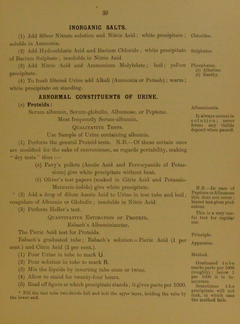 INORGANIC SALTS. (1) Add Silver Nitrate solution and Nitric Acid; white precipitate ; soluble in Ammonia. (2) Add Hydrochloric Acid and Barium Chloride ; white precipitate of Barium Sulphate ; insoluble in Nitric Acid. (.3) Add Niti-ic Acid and Ammonium Molybdate; boil; yehow' precipitate. (4) To fresh filtered Urine add Alkali (Ammonia or Potash) ; warm ; white precipitate on standing. ABNORMAL CONSTITUENTS OF URINE. (a) Proteids: Serum-albumin, Serum-globulin, Albumose, or Peptone. Most frequently Serum-albumin. Qualitative Tests. Use Sample of Urine containing albumin. (1) Perform the general Proteid tests. N.B.—Of these certain ones are modified for the sake of convenience, as regards portability, making “ dry tests ” thus :— (rt) Pavy’s pellets (Acetic Acid and Perrocyanide of Potas- sium) give white precipitate without heat. (b) Oliver’s test papers (soaked in Citric Acid and Potassio- Mercuric-iodide) give white precipitate. (2) Add a drop of dilute Acetic Acid to Urine in test tube and boil; coagulum of Albumin or Globidin ; insoluble in Nitric Acid. (3) Perform Heller’s test. Quantitative Estimation of Pboteid. Esbach’s Albuminimeter. The Picric Acid test for Proteids. Esbach’s graduated tube; Esbach’s solution = Picric Acid (1 per cent.) and Citric Acid (2 per cent.). (1) Pour Urine in tube to mark U. (2) Pour solution in tube to mark R. (3) ^lix the liquids by inverting tube once or twice. (4) Allow to stand for twenty-four hours. (5) Bead olf figure at which precipitate stands; it gives parts per 1000. • Fill the tost tube two-thirds full aud boil the layer, holding the tube by the lower end. Chlorides. Sulphates. Phosphates. (ii) Alkaline. (d) Earthy. Albuminuria. It always occurs in solution; never forms any visible dopo.sit when passed. N.B.—In case of Peptone or Albumose this does not occur ; biuret tost gives pink colour. This is a verj’ use- ful test for regular use. Principle. Apparatus. Method. Graduated tube marks parts per 1000 (roughly) ; below 1 per 1000 it is in- accurate. Sometimes the precipitate will not sink, in which case the method fails.