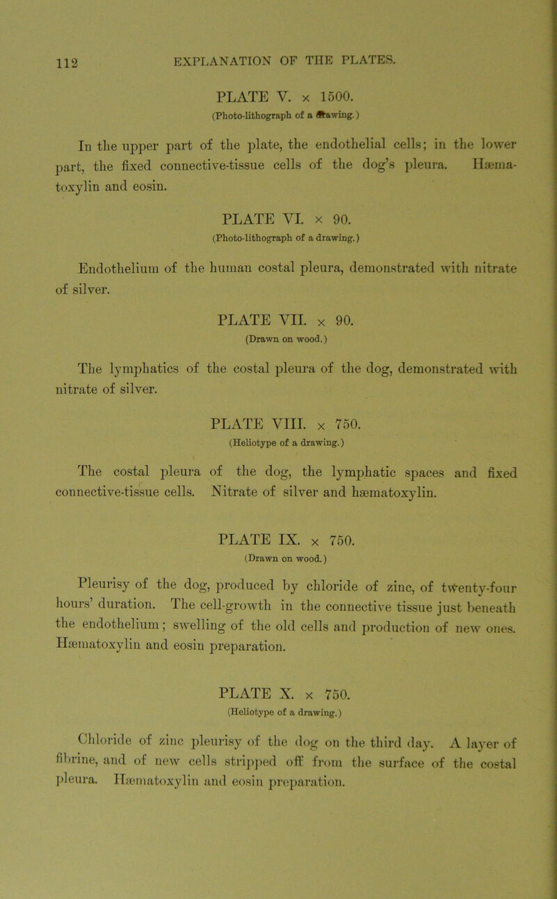 PLATE V. x 1500. (Photo-lithograph of a Rawing.) In the upper part of the plate, the endothelial cells; in the lower part, the fixed connective-tissue cells of the dog’s pleura. Ilaema- toxylin and eosin. PLATE VI. x 90. (Photo-lithograph of a drawing.) Endothelium of the human costal pleura, demonstrated with nitrate of silver. PLATE VII. x 90. (Drawn on wood.) The lymphatics of the costal pleura of the dog, demonstrated with nitrate of silver. PLATE VIII. x 750. (Heliotype of a drawing.) The costal pleura of the dog, the lymphatic spaces and fixed connective-tissue cells. Nitrate of silver and haBmatoxylin. PLATE IX. x 750. (Drawn on wood.) Pleurisy of the dog, produced by chloride of zinc, of twenty-four hours’ duration. The cell-growth in the connective tissue just beneath the endothelium ; swelling of the old cells and production of new ones. Haematoxylin and eosin preparation. PLATE X. x 750. (Heliotypo of a drawing.) Chloride of zinc pleurisy of the dog on the third day. A layer of fibrine, and of new cells stripped off from the surface of the costal pleura. Haematoxylin and eosin preparation.