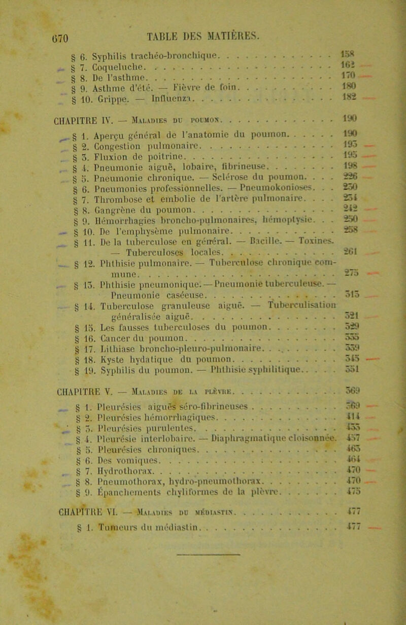 (570 TABLE DES MATIÈRES. § 6. Syphilis trachéo-bronchique 158 §7. Coqueluche 16! • § 8. De l’asthme - 1‘* § 9. Asthme d’été. — Fièvre de foin 180 § 10. Grippe. — lnfluenzi 182 CHAPITRE IV. — Maladies du poumon 190 § 1. Aperçu général de l’anatomie du poumon. 190 § 2. Congestion pulmonaire 195 § 5. Fluxion de poitrine 195 § 1. Pneumonie aiguë, lobaire, librineuse. ...... 198 § 5. Pneumonie chronique. — Sclérose du poumon. . . . 226 § 6. Pneumonies professionnelles. — Pneumokonioses. . 250 g 7. Thrombose et embolie de l’artère pulmonaire. . . 25i § 8. Gangrène du poumon 212 g 9. Hémorrhagies broncho-pulmonaires, hémoptysie. . . 250 - § 10. De l'emphysème pulmonaire 258 § Tl. De la tuberculose en général. — Oscille. — Toxines. — Tuberculoses locales 261 § 12. Phthisie pulmonaire. — Tuberculose chronique com- mune 275 § 13. Phthisie pneumonique. —Pneumonie tuberculeuse. — Pneumonie caséeuse 315 g 14. Tuberculose granuleuse aiguë. — Tuberculisation généralisée aiguë 321 g 15. Les fausses tuberculoses du poumon 529 g 16. Cancer du poumon 555 g 17. Lithiase broncho-pleuro-pulmonaire. 559 g 18. Kyste hydatique du poumon 545 g 19. Syphilis du poumon. — Phthisie syphilitique 351 CHAPITRE V. — Maladies de la plèvre 569 g 1. Pleurésies aiguës séro-fibrineuses 369 g 2. Pleurésies hémorrhagiques 111  . ' g 5. Pleurésies purulentes 155 g 1. Pleurésie interlobaire. — Diaphragmatique cloisonnée. 157 g 5. Pleurésies chroniques . ■ 165 g 6. Des vomiques RU g 7. Hydrothorax 470 g 8. Pneumothorax, hydro-pneumothorax 470 g 9. Épanchements chyliformes de la plèvre 175 CHAPITRE VI. — Maladies du mkdiastin 477