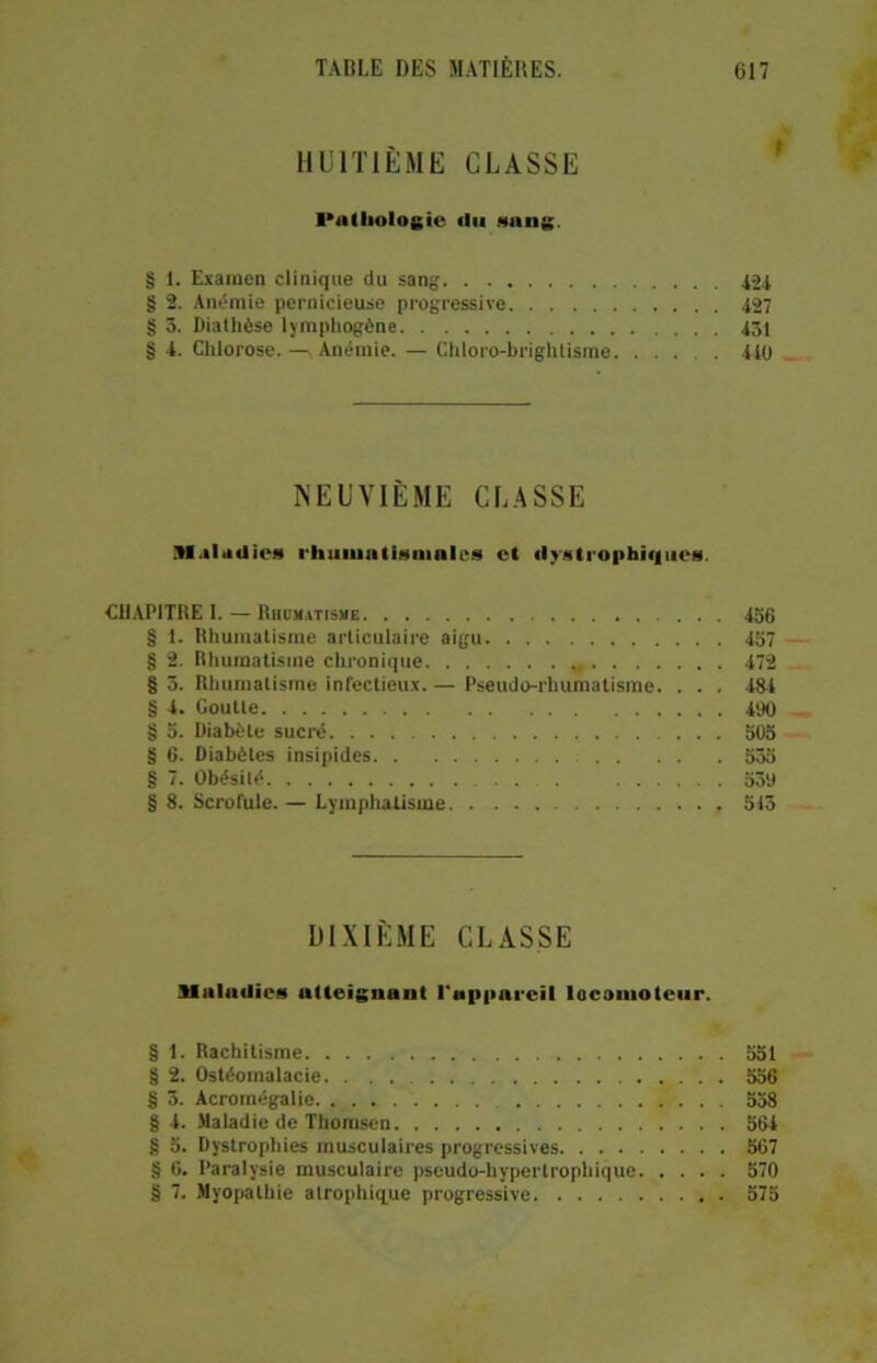 HUITIÈME CLASSE l'atliologic <lu sang. § 1. Examen clinique du sang 4-24 § 2. Anémie pernicieuse progressive 427 § 3. Diathèse lymphogène 431 § 4. Chlorose. — Anémie. — Chloro-brightisme. .... 440 NEUVIÈME CLASSE Maladies rliimmti.miinlt-s et dystrophiques. CHAPITRE I. — Rhumatisme 436 § 1. Rhumatisme articulaire aigu 457 § 2. Rhumatisme chronique 472 § 5. Rhumatisme infectieux. — Pseudo-rhumatisme. . . . 484 § 4. Goutte 490 § 5. Diabète sucré 505 § 6. Diabètes insipides 535 § 7. Obésité . . 539 § 8. Scrofule.— Lymphatisme 543 DIXIÈME CLASSE Maladies atteignant l'appareil locomoteur. § 1. Rachitisme 551 § 2. Ostéomalacie. . . . 556 § 3. Acromégalie 558 § 4. Maladie de Thomsen 564 § 5. Dystrophies musculaires progressives 567 § 6. Paralysie musculaire pseudo-hypertropliique 570 § 7. Myopathie atrophique progressive 575