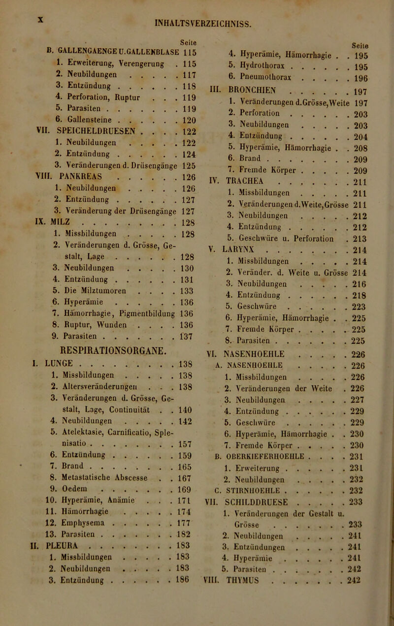 Seite B. GALLENGAENGE U.GALLENßLASE 115 1. Erweiterung, Verengerung . 115 2. Neubildungen 117 3. Entzündung 118 4. Perforation, Ruptur . . .119 5. Parasiten 119 6. Gallensteine 120 VII. SPEICHELDRUESEN .... 122 1. Neubildungen 122 2. Entzündung 124 3. Veränderungen d. Drüsengänge 125 VIII. PANKREAS 126 1. Neubildungen ...... 126 2. Entzündung 127 3. Veränderung der Drüsengänge 127 IX. MILZ 128 1. Missbildungen 128 2. Veränderungen d. Grösse, Ge- stalt, Lage .128 3. Neubildungen 130 4. Entzündung 131 5. Die Milztumoren .... 133 6. Hyperämie 136 7. Hämorrhagie, Pigmentbildung 136 8. Ruptur, Wunden .... 136 9. Parasiten 137 RESPIRATIONSORGANE. I. LUNGE 138 1. Missbildungen 138 2. Altersveränderungen . . .138 3. Veränderungen d. Grösse, Ge- stalt, Lage, Continuität . . 140 4. Neubildungen 142 5. Atelektasie, Carnificatio, Sple- nisatio 157 6. Entzündung 159 7. Brand 105 8. Metastatiscbe Abscesse . . 167 9. Oedem 169 10. Hyperämie, Anämie . . .171 11. Hämorrhagie 174 12. Emphysema 177 13. Parasiten 182 II. PLEURA 183 1. Missbildungen 183 2. Neubildungen 183 3. Entzündung 186 Seite 4. Hyperämie, Hämorrhagie . . 195 5. Hydrothorax 195 6. Pneumothorax 196 III. BRONCHIEN 197 1. Veränderungen d.Grösse,Weite 197 2. Perforation 203 3. Neubildungen 203 4. Entzündung 204 5. Hyperämie, Hämorrhagie . . 208 6. Brand 209 7. Fremde Körper 209 IV. TRACHEA 211 1. Missbildungen 211 2. Veränderungend.Weite,Grösse 211 3. Neubildungen 212 4. Entzündung 212 5. Geschwüre u. Perforation . 213 V. LARYNX 214 1. Missbildungen 214 2. Veränder. d. Weite u. Grösse 214 3. Neubildungen 216 4. Entzündung 218 5. Geschwüre 223 6. Hyperämie, Hämorrhagie . . 225 7. Fremde Körper 225 8. Parasiten 225 VI. NASENHOEHLE 226 A. NASENHOEHLE 226 1. Missbildungen 226 2. Veränderungen der Weite . 226 3. Neubildungen 227 4. Entzündung 229 5. Geschwüre 229 6. Hyperämie, Hämorrhagie . . 230 7. Fremde Körper 230 ß. OBERKIEFERHOEHLE . . . .231 1. Erweiterung 231 2. Neubildungen 232 C. STIRNHOEHLE 232 VII. SCHILDDRUESE 233 1. Veränderungen der Gestalt u. Grösse 233 2. Neubildungen 241 3. Entzündungen 241 4. Hyperämie 241 5. Parasiten 242 VIII. THYMUS 242