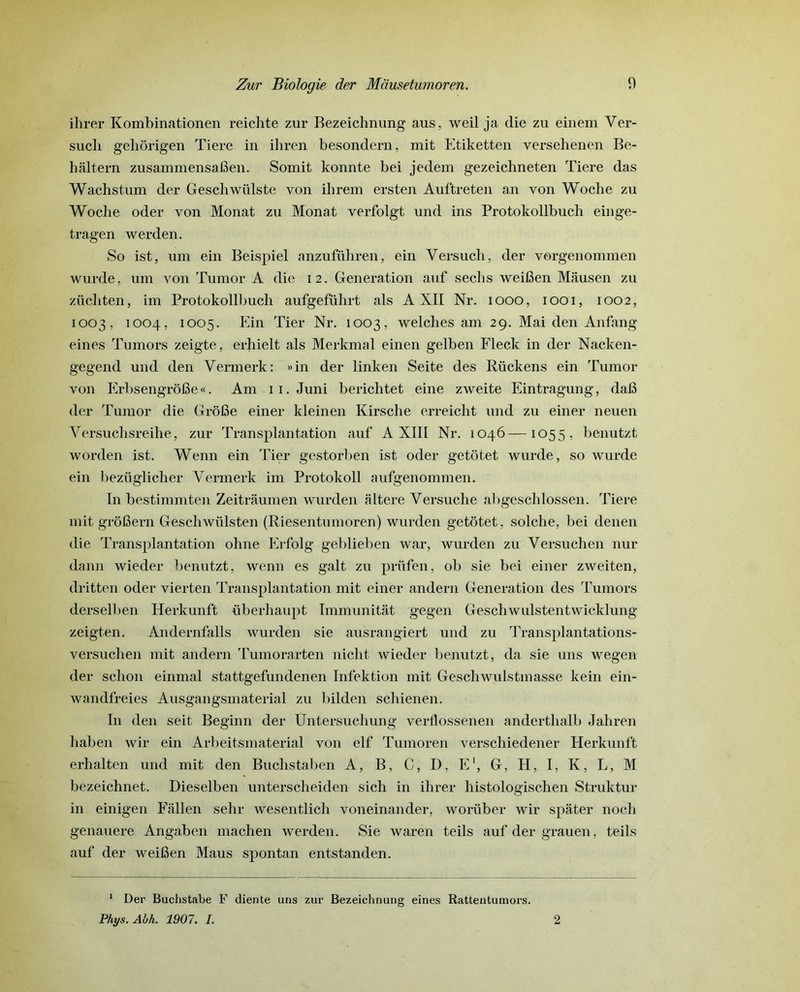 ihrer Kombinationen reicbte zur Bezeichnung aus, weil ja die zu einem Yer- sucli gchôrigen Tiere in ihren besondern, mit Etiketten verselienen Be- hâltern zusainmensafien. Somit konnte bei jedem gezeichneten Tiere das Waehstum der Geschwiilste von ihrem ersten Auftreten an von Woche zu Woclie oder von Monat zu Monat verfolgt und ins Protokollbuch einge- tragen werden. So ist, uni ein Beispiel anzuführen, ein Versuch, der vorgenommen wurde, um von Tumor A die 12. Génération auf seclis weifien Mâusen zu zücliten, im Protokollbuch aufgeführt als A XII Nr. 1000, 1001, 1002, 1003, 1004, 1005. Ein Tier Nr. 1003, welches am 29. Mai den Anfang eines Tumors zeigte, erhielt als Merkmal einen gelben Fleck in der Nacken- gegend und den Yermerk: »in der linken Seite des Rückens ein Tumor von Erbsengrôfie«. Am 11. Juni berichtet eine zweite Eintragung, daB der Tumor die GrôBe einer kleinen Kirsche erreicht und zu einer neuen Versuchsreihe, zur Transplantation auf A XIII Nr. 1046—1055, benutzt worden ist. Wenn ein Tier gestorben ist oder getôtet wurde, so wurde ein bezüglicher Yermerk im Protokoll aufgenommen. In bestimmten Zeitraumen wurden fi Itéré Versuche abgeschlossen. Tiere mit grôfiern Geschwülsten (Riesentumoren) wurden getotet, solche, bei denen die Transplantation obne Erfolg geblieben war, wurden zu Versuchen nur daim wieder benutzt, wenn es galt zu prüfen, ob sie bei einer zweiten, dritten oder vierten Transplantation mit einer andern Génération des Tumors derselben Herkunft überhaupt Immunitât gegen Geschwulstentwicklung zeigten. Andernfalls wurden sie ausrangiert und zu Transplantations- versuclien mit andern Tumorarten niclit wieder benutzt, da sie uns wegen der schon einmal stattgefundenen Infektion mit Geschwulstmasse kein ein- wandfreies Ausgangsmateria.1 zu bilden schienen. I11 den seit Beginn der Ûntersuchung verflossenen andertlialb Jahren baben wir ein Arbeitsmaterial von clf Tumoren verscliiedener Herkunft erhalten und mit den Buchstaben A, B, C, D, E1, G, H, I, K, L, M bezeichnet. Dieselben unterscheiden sich in ihrer histologischen Struktur in einigen Fâllen sebr wesentlich voneinander, worüber wir spâter nocli genauere Angaben machen werden. Sie waren teils auf der grauen, t'eils auf der weifien Maus spontan entstanden. 1 Der Buchstabe F cliente uns zur Bezeicbnung eines Rattentumors. Phys. Abh. 1907. I. 2