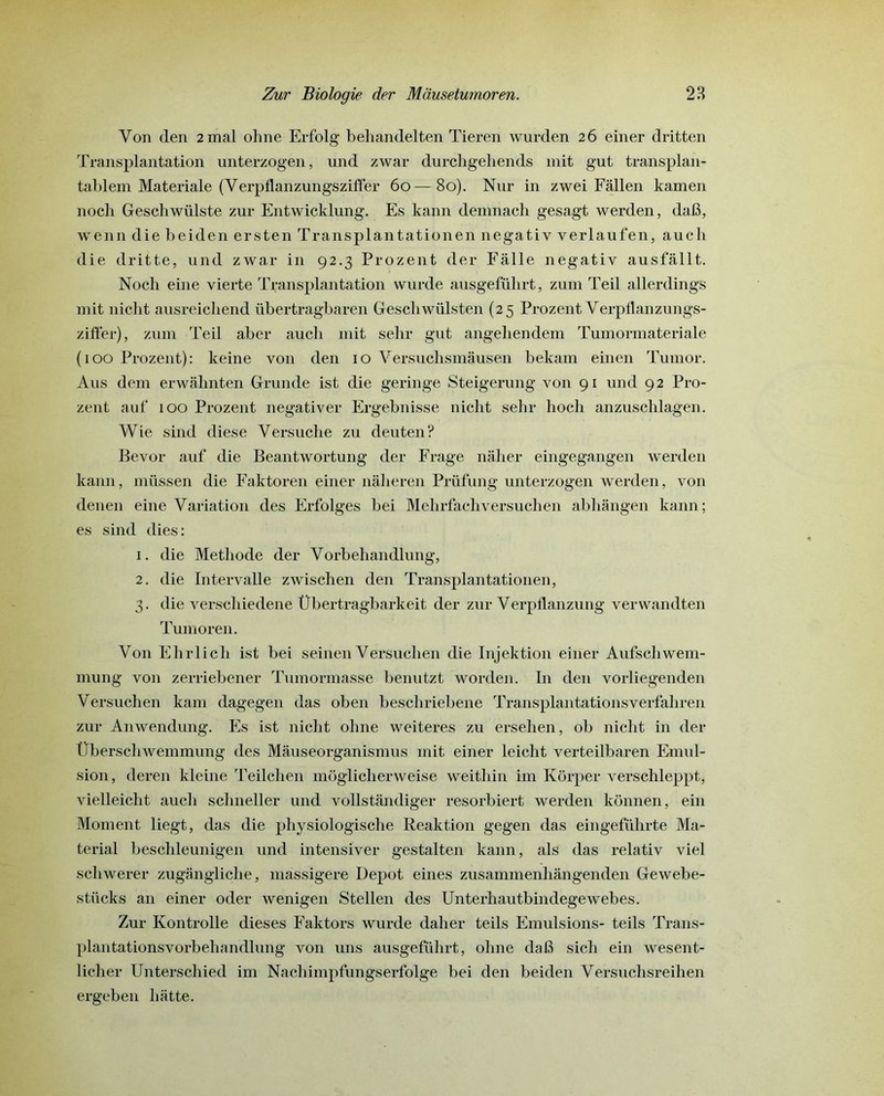 Von den 2 mal ohne Erfolg beliandelten Tieren wurden 26 einer dritten Transplantation unterzogen, und zwar durchgehends mit gut transplan- tablem Materiale (Yerpflanzungsziffer 60—80). Nur in zwei Fallen kamen nocli Gescbwülste zur Entwicklung. Es kann denmach gesagt werden, dafi, wenn die beiden ersten Transplantationen negativ verlaufen, aucli die dritte, und zwar in 92.3 Prozent der Fâlle negativ ausfâllt. Nocli eine vierte Transplantation vvurde ausgefübrt, zum Teil allerdings mit niclit ausreicbend übertragbaren GeschwüLsten (25 Prozent Verpflanzungs- ziffer), zum Teil aber aucb mit sehr gut angeliendem Tumormateriale ( 100 Prozent): keine von den 10 Versuchsmâusen bekam einen Tumor. Aus dem erwâhnten Grunde ist die geringe Steigerung- von 91 und 92 Pro- zent auf 100 Prozent negativer Ergebnisse niclit sehr bocli anzuschlagen. Wie sind diese Versuche zu deuten? Bevor auf die Beantwortung der Frage nâher eingegangen Averden kann, müssen die Faktoren einer nâheren Prüfung unterzogen werden, von den en eine Variation des Erfolges bei MelirfachArersuchen abhângen kann; es sind dies: 1. die Metliode der Vorbehandlung, 2. die Intervalle zwischen den Transplantationen, 3. die verschiedene Übertragbarkeit der zur Verpflanzung verwandten Tumoren. Von Ehrlicli ist bei seinen Versuchen die Injektion einer Aufschwem- mung von zerriebener Tumormasse benutzt worden. I11 den vorliegenden Versuchen kam dagegen das oben bescliriebene Transplantationsverfahren zur Anwendung. Es ist niclit ohne weiteres zu erselien, ob niclit in der Überschwemmung des Mâuseorganismus mit einer leicht verteilbaren Emul- sion, deren kleine Teilclien môgliclierweise weithin im Kôrper verschleppt, vielleicht aucb schneller und vollstândiger resorbiert werden kônnen, ein Moment liegt, das die pliysiologische Reaktion gegen das eingeführte Ma- teria.1 beschleunigen und intensiver gestalten kann, als das relativ viel schwerer zugângliclie, massigere Depot eines zusanimenhângenden Gewebe- stiicks an einer oder wenigen Stellen des Unterhautbindegewebes. Zur Kontrolle dieses Faktors wurde daher teils Emulsions- teils Trans- plantationsvorbehandlung von uns ausgefübrt, ohne dafi sich ein Avesent- licher Unterscliied im Nachimpfungserfolge bei den beiden Versuchsreihen ergeben batte.