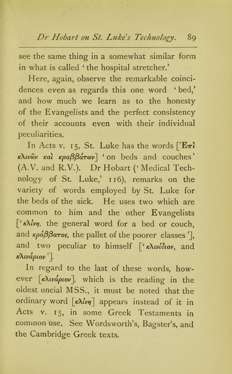see the same thing in a someAvhat similar form in what is called ‘ the hospital stretcher.’ Here, again, observe the remarkable coinci- dences even as regards this one word ‘ bed,’ and how much we learn as to the honesty of the Evangelists and the perfect consistency of their accounts even with their individual peculiarities. In Acts V. 15, St. Luke has the words [’EttJ kXivoov kol Kpa/S^drcop] ‘ on beds and couches ’ (A.V. and R.V.). Dr Hobart (‘ Medical Tech- nology of St. Luke,’ 116), remarks on the variety of words employed by St. Luke for the beds of the sick. He uses two which are common to him and the other Evangelists kXIvjj, the general word for a bed or couch, and Kpdp^arog, the pallet of the poorer classes ’], and two peculiar to himself kXivISiov, and KXivdpiov In regard to the last of these words, how- ever [KXivdpiov^, which is the reading in the oldest uncial MSS., it must be noted that the ordinary word [jcXlvfj] appears instead of it in Acts V. 15, in some Greek Testaments in common use. See Wordsworth’s, Bagster’s, and the Cambridge Greek texts.