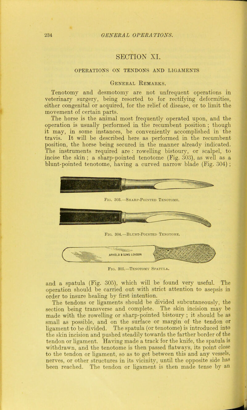 SECTION XI. OPERATIONS ON TENDONS AND LIGAMENTS General Remarks. Tenotomy and desmotomy are not unfrequent operations in veterinary surgery, being resorted to for rectifying deformities, either congenital or acquired, for the relief of disease, or to limit the movement of certain parts. The horse is the animal most frequently operated upon, and the operation is usually performed in the recumbent position ; though it may, in some instances, be conveniently accomplished in the travis. It will be described here as performed in the recumbent position, the horse being secured in the manner already indicated. The instruments required are : rowelling bistoury, or scalpel, to incise the skin ; a sharp-pointed tenotome (Fig. 303), as well as a blunt-pointed tenotome, having a curved narrow blade (Fig. 304) ; Fig. 303.—Sharp-Pointed Tenotome. Fig. 304.—Blunt-Pointed Tenotome. Fig. 305.—Tenotomy Spatui.a. and a spatula (Fig. 305), which will be found very useful. The operation should be carried out with strict attention to asepsis in order to insure healing by first intention. The tendons or ligaments should be divided subcutaneously, the section being transverse and complete. The skin incision may be made with the rowelling or sharp-pointed bistoury ; it should be as small as possible, and on the surface or margin of the tendon or ligament to be divided. The spatula (or tenotome) is introduced into the skin incision and pushed steadily towards the farther border of the tendon or ligament. Having made a track for the knife, the spatula is withdrawn, and the tenotome is then passed flatways, its point close to the tendon or ligament, so as to get between this and any vessels, nerves, or other structures in its vicinity, until the opposite side has been reached. The tendon or ligament is then made tense by an