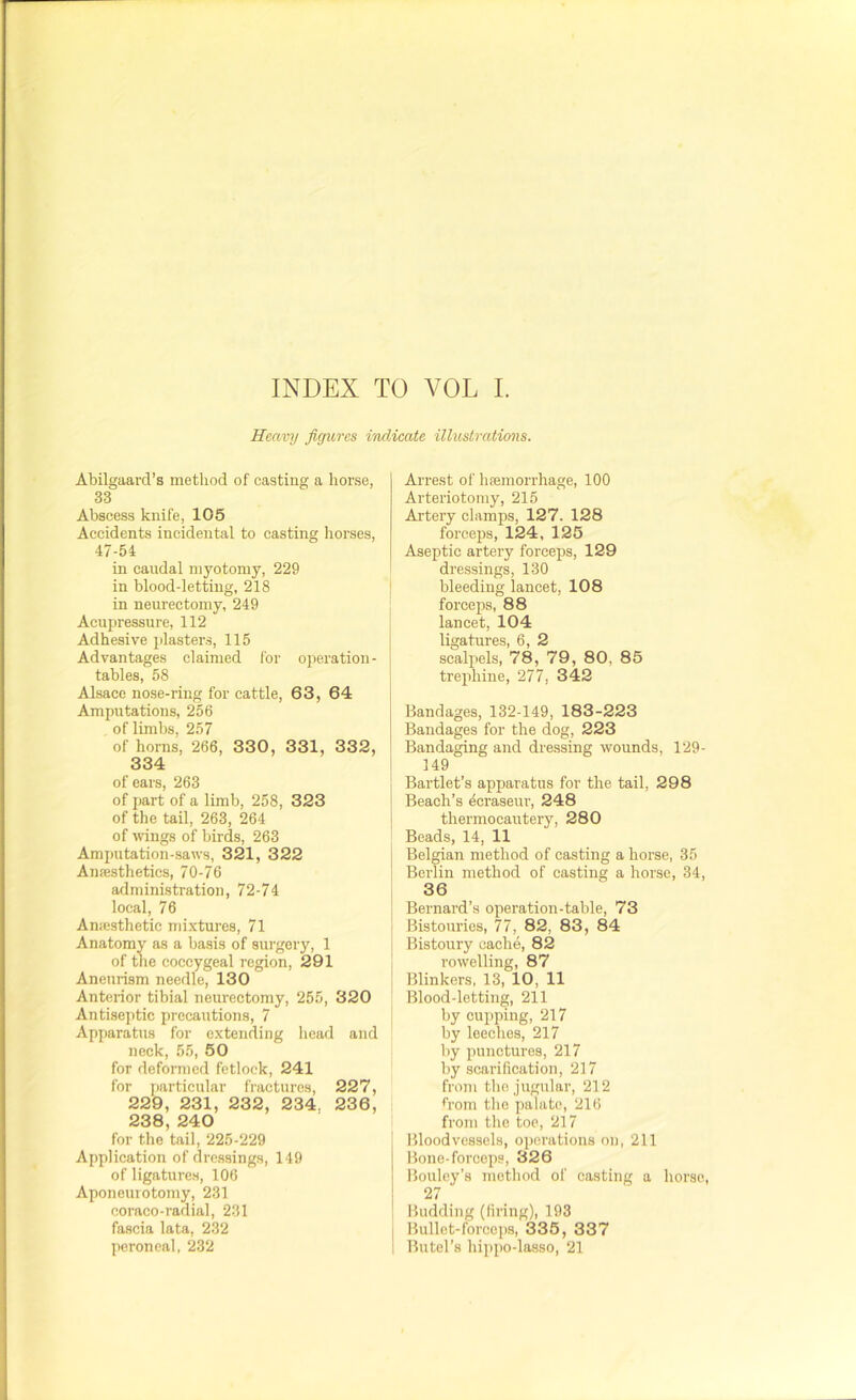 Heavy figures indicate illustrations. Abilgaard’s method of casting a horse, 33 Abscess knife, 105 Accidents incidental to casting horses, 47-54 in caudal myotomy, 229 in blood-letting, 218 in neurectomy, 249 Acupressure, 112 Adhesive plasters, 115 Advantages claimed for operation - tables, 58 Alsace nose-ring for cattle, 63, 64 Amputations, 256 of limbs, 257 of horns, 266, 330 , 331, 332, 334 of ears, 263 of part of a limb, 258, 323 of the tail, 263, 264 of wings of birds, 263 Amputation-saws, 321, 322 Anaesthetics, 70-76 administration, 72-74 local, 76 Anesthetic mixtures, 71 Anatomy as a basis of surgery, 1 of the coccygeal region, 291 Aneurism needle, 130 Anterior tibial neurectomy, 255, 320 Antiseptic precautions, 7 Apparatus for extending head and neck, 55, 50 for deformed fetlock, 241 for particular fractures, 227, 229, 231, 232, 234, 236, 238, 240 for the tail, 225-229 Application of dressings, 149 of ligatures, 106 Aponeurotomy, 231 coraco-radial, 231 fascia lata, 232 peroneal, 232 Arrest of htemorrhage, 100 Arteriotomy, 215 Artery clamps, 127. 128 forceps, 124, 125 Aseptic artery forceps, 129 dressings, 130 bleeding lancet, 108 forceps, 88 lancet, 104 ligatures, 6, 2 scalpels, 78, 79, 80, 85 trephine, 277, 342 Bandages, 132-149, 183-223 Bandages for the dog, 223 Bandaging and dressing wounds, 129- 149 Bartlet’s apparatus for the tail, 298 Beach’s ^craseur, 248 thermocautery, 280 Beads, 14, 11 Belgian method of casting a horse, 35 Berlin method of casting a horse, 34, 36 Bernard’s operation-table, 73 Bistouries, 77, 82, 83, 84 Bistoury cache, 82 rowelling, 87 Blinkers, 13, 10, 11 Blood-letting, 211 by cupping, 217 by leeches, 217 by punctures, 217 by scarification, 217 from the jugular, 212 from the palate, 216 from the toe, 217 Bloodvessels, operations on, 211 Bone-forceps, 326 Bouley’s method of casting a horse, 27 Budding (firing), 193 Bullet-forceps, 335, 337 Butel’s hippo-lasso, 21