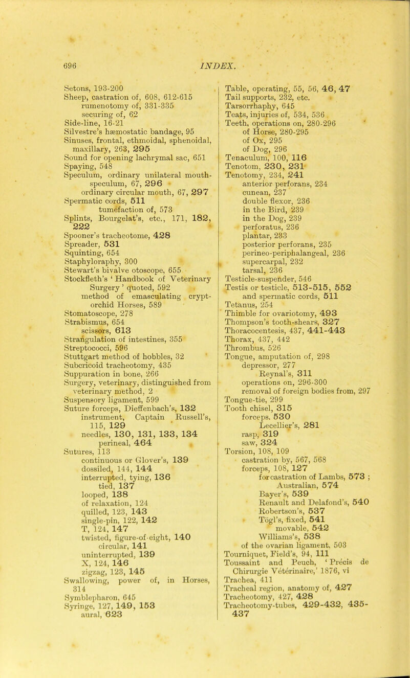 Setons, 193-200 Sheep, castration of, 608, 612-615 rumenotomy of, 331-335 securing of, 62 Side-line, 16-21 Silvestre’s haemostatic bandage, 95 Sinuses, frontal, ethmoidal, sphenoidal, maxillary, 263, 295 Sound for opening lachrymal sac, 651 Spaying, 548 Speculum, ordinary unilateral mouth- speculum, 67, 296 ordinary circular mouth, 67, 297 Spermatic cords, 511 tumefaction of, 573 Splints, Bourgelat’s, etc., 171, 182, 222 Spooner’s tracheotome, 428 Spreader, 531 Squinting, 654 Staphyloraphy, 300 Stewart’s bivalve otoscope, 655 Stockfleth’s ‘ Handbook of Veterinary Surgery ’ quoted, 592 method of emasculating crypt- orchid Horses, 589 Stomatoscope, 278 Strabismus, 654 scissors, 613 Strangulation of intestines, 355 Streptococci, 596 Stuttgart method of hobbles, 32 Subcricoid tracheotomy, 435 Suppuration in bone, 266 Surgery, veterinary, distinguished from veterinary method, 2 Suspensory ligament, 599 Suture forceps, Dieffenbach’s, 132 instrument, Captain Russell’s, 115, 129 needles, 130, 131, 133, 134 perineal, 464 Sutures, 113 continuous or Glover’s, 139 dossiled, 144, 144 interrupted, tying, 136 tied, 137 looped, 138 of relaxation, 124 quilled, 123, 143 single-pin, 122, 142 T, 124, 147 twisted, figure-of-eight, 140 circular, 141 uninterrupted, 139 X, 124, 146 zigzag, 123, 145 Swallowing, power of, in Horses, 314 Symblepharon, 645 Syringe, 127, 149, 153 aural, 623 Table, operating, 55, 56, 46, 47 Tail supports, 232, etc. Tarsorrhaphy, 645 Teats, injuries of, 534, 536 . i Teeth, operations on, 280-296 of Horse, 280-295 of Ox, 295 of Dog, 296 Tenaculum, 100, 116 Tenotom, 230, 231 Tenotomy, 234, 241 anterior perforans, 234 cunean, 237 double flexor, 236 in the Bird, 239 in the Dog, 239 perforatus, 236 plantar, 233 posterior perforans, 235 perineo-periphalangeal, 236 , supercarpal, 232 tarsal, 236 Testicle-suspender, 546 Testis or testicle, 513-515, 552 and spermatic cords, 511 Tetanus, 254 Thimble for ovariotomy, 493 j Thompson’s tooth-shears, 327 Thoracocentesis, 437, 441-443 Thorax, 437, 442 Thrombus, 526 Tongue, amputation of, 298 depressor, 277 Reynal’s, 311 operations on, 296-300 removal of foreign bodies from, 297 Tongue-tie, 299 Tooth chisel, 315 forceps. 530 Lecellier’s, 281 rasp, 319 saw, 324 Torsion, 108, 109 castration by, 567, 568 forceps, 108, 127 forcastration of Lambs, 573 ; Australian, 574 Bayer’s, 539 Renault and Delafond’s, 540 Robertson’s, 537 Togl’s, fixed, 541 movable, 542 Williams’s, 538 of the ovarian ligament. 503 Tourniquet, Field’s, 94, 111 Toussaint and Peuch, ‘ Precis de Chirurgie Veterinaire,’ 1876, vi Trachea, 411 Tracheal region, anatomy of, 427 Tracheotomy, 427, 428 Tracheotomy-tubes, 429-432, 435- 437