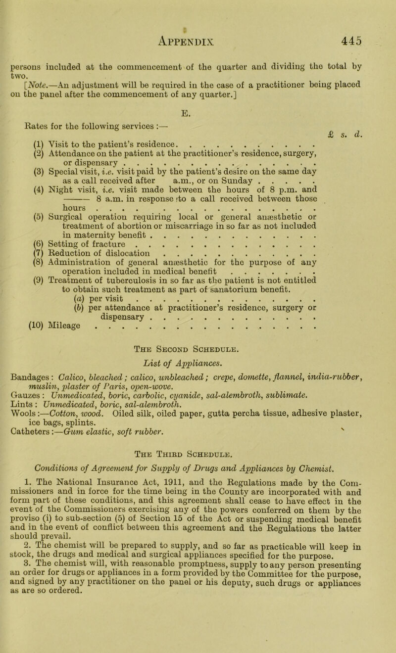 persons included at the commencement of the quarter and dividing the total by two. [Note.—An adjustment will be required in the case of a practitioner being placed on the panel after the commencement of any quarter.] E. Rates for the following services :— (1) Visit to the patient’s residence (2) Attendance on the patient at the practitioner’s residence, surgery, or dispensary (3) Special visit, i.e. visit paid by the patient’s desire on the same day as a call received after a.m., or on Sunday (4) Night visit, i.e. visit made between the hours of 8 p.m. and 8 a.m. in response ito a call received between those hours .... (5) Surgical operation requiring local or general anaesthetic or treatment of abortion or miscarriage in so far as not included in maternity benefit (6) Setting of fracture (7) Reduction of dislocation (8) Administration of general anaesthetic for the purpose of any operation included in medical benefit (9) Treatment of tuberculosis in so far as the patient is not entitled to obtain such treatment as part of sanatorium benefit. (а) per visit (б) per attendance at practitioner’s residence, surgery or dispensary (10) Mileage £ s. d. The Second Schedule. List of Appliances. Bandages: Calico, bleached; calico, unbleached; crepe, domette, flannel, india-rubber, muslin, plaster of Paris, open-wove. Gauzes : Unmedicated, boric, carbolic, cyanide, sal-alembroth, sublimate. Lints : Unmedicated, boric, sal-alembroth. Wools :—Cotton, wood. Oiled silk, oiled paper, gutta percha tissue, adhesive plaster, ice bags, splints. Catheters:—Gum elastic, soft rubber. '' The Third Schedule. Conditions of Agreement for Supply of Drugs and Appliances by Chemist. 1. The National Insurance Act, 1911, and the Regulations made by the Com- missioners and in force for the time being in the County are incorporated with and form part of these conditions, and this agreement shall cease to have effect in the event of the Commissioners exercising any of the powers conferred on them by the proviso (i) to sub-section (5) of Section 15 of the Act or suspending medical benefit and in the event of conflict between this agreement and the Regulations the latter should prevail. 2. The chemist will be prepared to supply, and so far as practicable will keep in stock, the drugs and medical and surgical appliances specified for the purpose. 3. The chemist will, with reasonable promptness, supply to any person presenting an order for drugs or appliances in a form provided by the Committee for the purpose, and signed by any practitioner on the panel or his deputy, such drugs or appliances as are so ordered.