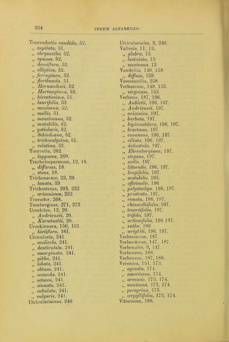 Tournefortia candida, 52. ,, capitata, 51. ,, chrysantha 52. ,, cymosa, 52. ,, demif/ora, 52. ,, elliptica, 52. ,, ferruginea, 52. ,, floribunda, 51. ,, JBernandezii, 52 ,, Hartwegiana, 52. ,, hirsutissima, 51. ,, laurifolia, 52 ,, mexicana, 52. ,, mollis, 51. „ monclovana, 52. ,, mutabilis, 52. ,, petiolaris, 52. ,, Schiedeana, 52. ,, trichocalydna, 51. ,, velutina, 52. Tourretia, 262. ,, lappacea, 269. Trachelospermum, 12, 18. „ difforme, 18. ,, s/ans, 18. Trichosacme, 23, 39. ,, lanata, 39. Trichostema, 205, 232 ,, arizonicurn, 232. Trovador, 268. Tombergieas, 271, 273. Urechites. 12, 20. ,, Andrieuxii, 20. ,, Karwins/iii, 20. Uroskinnera, 150, 161. „ hirtiflora, 161. Utricularia, 241 ,, andícola, 241. „ denticulata, 241. ,, emarginata, 241. ,, gibba, 241. „ lobata, 241. ,, obtusa, 241. ,, secunda, 241. „ setacea, 241. ,, sinuata, 241. ,, subulata, 241. ,, vulgaris, 241. Utriculariáceas, 240. Utrieulariales, 9, 240. Val lesia, 11, 13. ,, glabra, 13. ,, laciniata, 13 ,, mexicana. 13 Vandellia, 149, 158 ,, diffusa, 159. Vasconcellia, 258. Verbascnm, 149, 153. ,, virgaium, 153. Verbena, 187, 196. ,, Aubletii, 196, 197. ,, Andrieuxii, 197. ,, arizonica, 197. „ barbata, 197. ,, bipinnatifera, 196, 197. ,, bracteosa, 197. ,, canescens, 196, 197- ,, ciliata, 196, 197. ,, delicatula, 197. ,, Ehrenbergiana, 197. ,, elegans, 197. ,, exilis, 197. ,, littoralis, 196, 197. ,, longifolia, 197. „ mutabilis, 195. ,, ojflcinalis, 196. ,, polystachya. 196, 197. ,, prostrata, 197. ,, remota, 196, 197. ,, rhinanthifolia. 197. ,, teucriifolia, 197. ,, trífida, 197. ,, urticaefolia, 196 197. ,, xutha. 196 ,, wrightii, 196, 197. Verbenaeeae, 187. Verbenáceas, 147. 187. Verbenales, 9, 147 Verbeneae, 188. Verbeneas, 187, 188. Verónica, 151, 173. ,, agrestis, 174. ,, americana, 174. ,, arvensis, 173, 174. „ mexicana, 173, 174. ,, peregrina, 173. ,, serpylUfolia, 173, 174. Viburnum, 188.