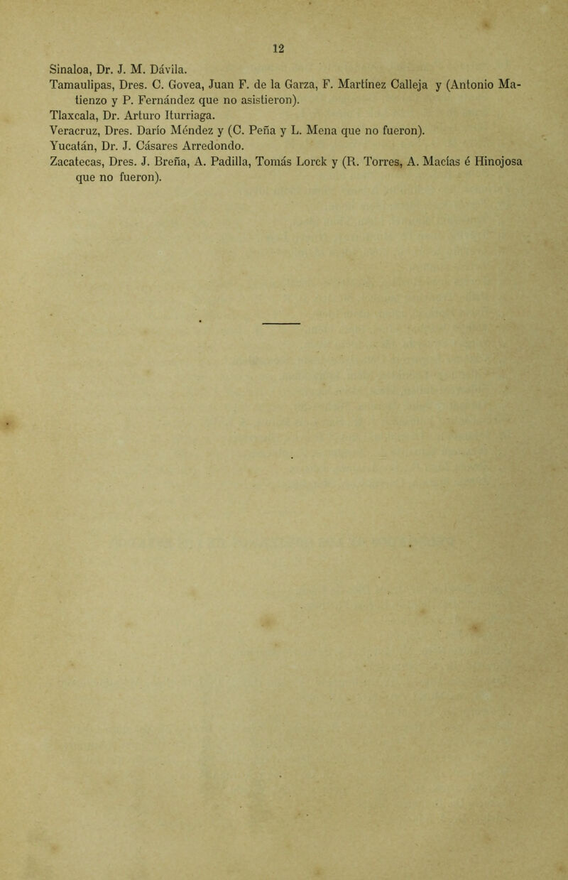 Sinaloa, Dr. J. M. Dávila. Tamaulipas, Dres. C. Govea, Juan F. de la Garza, F. Martínez Calleja y (Antonio Ma- tienzo y P. Fernández que no asistieron). Tlaxcala, Dr. Arturo Iturriaga. Veracruz, Dres. Darío Méndez y (C. Peña y L. Mena que no fueron). Yucatán, Dr. J. Cásares Arredondo. Zacatecas, Dres. J. Breña, A. Padilla, Tomás Lorck y (R. Torres, A. Macías é Hinojosa que no fueron).