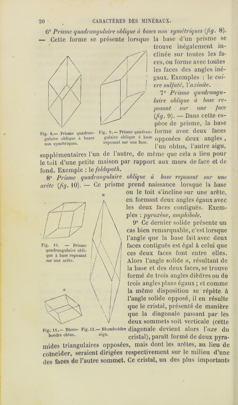 60 Prisme quadrangulaire oblique à bases non symétriques {fig. 8). — Cette forme se présente lorsque la base d’un prisme se trouve inégalement in- clinée sur toutes les fa- ces, ou forme avec toutes les faces des angles iné- gaux. Exemples : le cui- vre sulfaté, Yaxinite. 7° Prisme quadrangu- laire oblique à base re- posant sur une face {fig. 9). — Dans cette es- pèce de prisme, la base Fig. 8.— Prisme quadrau- Fig. 9.— Prisme quadran- forme avec deux faces gulaire oblique à bases gulaire oblique à base opposées dCUX angles , symétriques. ■» »“ *“■ oblus> rautre aigu, supplémentaires l’un de l’autre, de même que cela a lieu pour le toit d’une petite maison par rapport aux murs de face et de fond. Exemple : le feldspath. 8° Prisme quadrangulaire oblique à base reposant sur une arête {fig. 10). — Ce prisme prend naissance lorsque la base a ou le toit s’incline sur une arête, en formant deux angles égaux avec les deux faces contiguës. Exem- ples : pyroxène, amphibole. 9° Ce dernier solide présente un cas bien remarquable, c’est lorsque l’angle que la base fait avec deux faces contiguës est égal à celui que ces deux faces font entre elles. Alors l’angle solide a, résultant de la base et des deux faces, se trouve formé de trois angles dièdres ou de trois angles plans égaux ; et comme la même disposition se répète à l’angle solide opposé, il en résulte que le cristal, présenté de manière que la diagonale passant par les deux sommets soit verticale (cette Fig. îi.— Rhom- Fig.12.— Rhomboèdre diagonale devient alors Yaxe du boèdre obtus. aigu. cristal), parait formé de deux pyra- mides triangulaires opposées, mais dont les arêtes, au lieu de coïncider, seraient dirigées respectivement sur le milieu d’une des faces de l’autre sommet. Ce cristal, un des plus importants