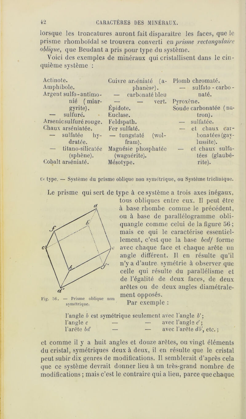 lorsque les troncatures auront fait disparaître les faces, que le prisme rhomboïdal se trouvera converti en prisme rectangulaire oblique, que Beudant a pris pour type du système. Voici des exemples de minéraux qui cristallisent dans le cin- quième système : Actinote. Amphibole. Argent sulfo-anlimo- nié ( miar- gyrite). — sulfuré. Arsenicsulfuré rouge. Chaux arséniatée. — sulfatée hy- dratée. — titano-silicalée (sphène). Cobalt arséniaté. Cuivre arséniaté (a- phanèse). — carbonaté bleu — — vert. Épidote. Fuclase. Feldspath. Fer sulfaté. — tungslaté (wol- fram). Magnésie phosphatée (wagnérite). Mésotype. Plomb chromaté. — sulfato - carbo- naté. Pyroxène. Soude carbonatée (na- tron). — sulfatée. — et chaux cai- bonatées (gay- lussite). — et chaux sulfa- tées (glaubé- rite). Ce type. — Système du prisme oblique non symétrique, ou Système triclinique. Le prisme qui sert de type à ce système a trois axes inégaux, tous obliques entre eux. Il peut être à base rhombe comme le précédent, ou à base de parallélogramme obli- quangle comme celui de la figure 56 ; mais ce qui le caractérise essentiel- lement, c’est que la base bcdf forme avec chaque face et chaque arête un angle différent. Il en résulte qu’il n’y a d’autre symétrie à observer que celle qui résulte du parallélisme et de l’égalité de deux faces, de deux arêtes ou de deux angles diamétrale- ment opposés. — Prisme oblique non symétrique. Par exemple . Fie. S6 l’angle b est symétrique seulement avec l’angle b’; l’angle c — — avec l’angle c' ; l’arête bd' — — avec l’arête db\ etc. ; et comme il y a huit angles et douze arêtes, ou vingt éléments du cristal, symétriques deux à deux, il en résulte que le cristal peut subir dix genres de modifications. Il semblerait d’après cela que ce système devrait donner lieu à un très-grand nombre de modifications ; mais c’est le contraire qui a lieu, parce que chaque