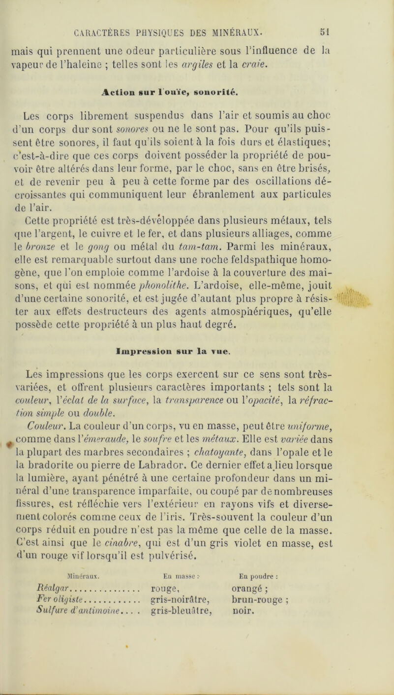 mais qui prennent une odeur particulière sous l’influence de la vapeur de l’haleine ; telles sont les argiles et la craie. Action sur 1 ouïe, sonorité. Les corps librement suspendus dans l’air et soumis au choc d’un corps dur sont sonores ou ne le sont pas. Pour qu’ils puis- sent être sonores, il faut qu’ils soient à la fois durs et élastiques; c’est-à-dire que ces corps doivent posséder la propriété de pou- voir être altérés dans leur forme, par le choc, sans en être brisés, et de revenir peu à peu à cette forme par des oscillations dé- croissantes qui communiquent leur ébranlement aux particules de l’air. Cette propriété est très-dévêloppée dans plusieurs métaux, tels que l’argent, le cuivre et le fer, et dans plusieurs alliages, comme le bronze et le gong ou métal du tam-tam. Parmi les minéraux, elle est remarquable surtout dans une roche feldspathique homo- gène, que l’on emploie comme l’ardoise à la couverture des mai- sons, et qui est nommée phonolithe. L’ardoise, elle-même, jouit d’une certaine sonorité, et est jugée d’autant plus propre à résis- ter aux effets destructeurs des agents atmosphériques, qu’elle possède cette propriété à un plus haut degré. Impression sur la vue. Les impressions que les corps exercent sur ce sens sont très- variées, et offrent plusieurs caractères importants ; tels sont la couleur, Yéclat de la surface, la transparence ou Y opacité, la réfrac- tion simple ou double. Couleur. La couleur d’un corps, vu en masse, peut être uniforme, ^ comme dans Y émeraude, le soufre et les métaux. Elle est variée dans la plupart des marbres secondaires ; chatoyante, dans l’opale et le la bradorite ou pierre de Labrador. Ce dernier effet ajieu lorsque la lumière, ayant pénétré à une certaine profondeur dans un mi- néral d’une transparence imparfaite, ou coupé par de nombreuses fissures, est réfléchie vers l’extérieur en rayons vifs et diverse- ment colorés comme ceux de l’iris. Très-souvent la couleur d’un corps réduit en poudre n’est pas la même que celle de la masse. C’est ainsi que le cinabre, qui est d’un gris violet en masse, est d’un rouge vif lorsqu’il est pulvérisé. Minéraux. Eu masse :■ En poudre : Réalgar rouge, orangé ; Feroligiste gris-noirâtre, brun-rouge; Sulfure d'antimoine... . gris-bleuâtre, noir.