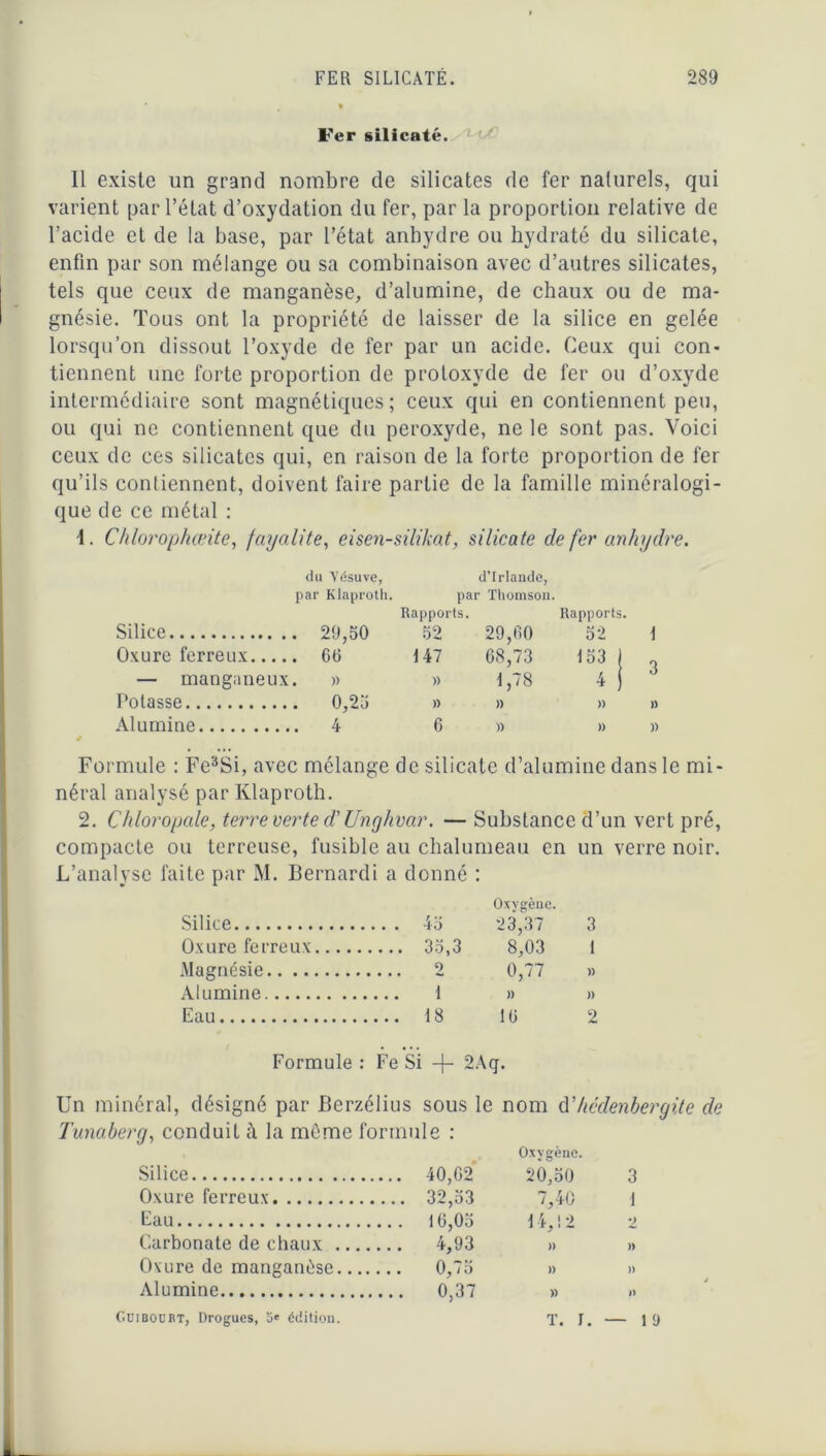 Fer silicate. 11 existe un grand nombre de silicates de fer naturels, qui varient par l’état d’oxydation du fer, par la proportion relative de l’acide et de la base, par l’état anhydre ou hydraté du silicate, enfin par son mélange ou sa combinaison avec d’autres silicates, tels que ceux de manganèse, d’alumine, de chaux ou de ma- gnésie. Tous ont la propriété de laisser de la silice en gelée lorsqu’on dissout l’oxyde de fer par un acide. Ceux qui con- tiennent une forte proportion de protoxyde de fer ou d’oxyde intermédiaire sont magnétiques; ceux qui en contiennent peu, ou qui ne contiennent que du peroxyde, ne le sont pas. Voici ceux de ces silicates qui, en raison de la forte proportion de fer qu’ils contiennent, doivent faire partie de la famille minéralogi- que de ce métal : \. Chlorophœite, fayalite, eisen-silikat, silicate de fer anhydre. du Vésuve, d’Irlande, par Klaproth. par Thomson. Rapports. Rapports. Silice . 29,50 52 29,60 52 1 Oxure ferreux.... . 66 147 68,73 153 ) T — manganeux . » » 1,78 4 i Potasse . 0,25 » )) )) » Alumine . 4 6 » )) » Formule : Fe3Si, avec mélange de silicate d’alumine dans le mi- néral analysé par Ivlaproth. 2. Chloropcde, terre verte d'Unghvar. — Substance d’un vert pré, compacte ou terreuse, fusible au chalumeau en un verre noir. L’analyse faite par M. Bernardi a donné : Oxygène. Silice 23,37 3 Oxure ferreux .... 35,3 8,03 1 Magnésie 0 0,77 » Alumine 1 )) )) Eau 16 2 Formule : Fe Si -f- 2Ag. Un minéral, désigné par Berzélius sous le nom d'hédenbergite Tunaberq, conduit la meme formule : Oxygène. Silice 20,50 3 Oxure ferreux 7,40 1 Eau 14, ! 2 2 Carbonate de chaux ... 4,93 )) » Oxure de manganèse.... )) » Alumine » »> Coiboubt, Drogues, édition. T. I. — 1 9