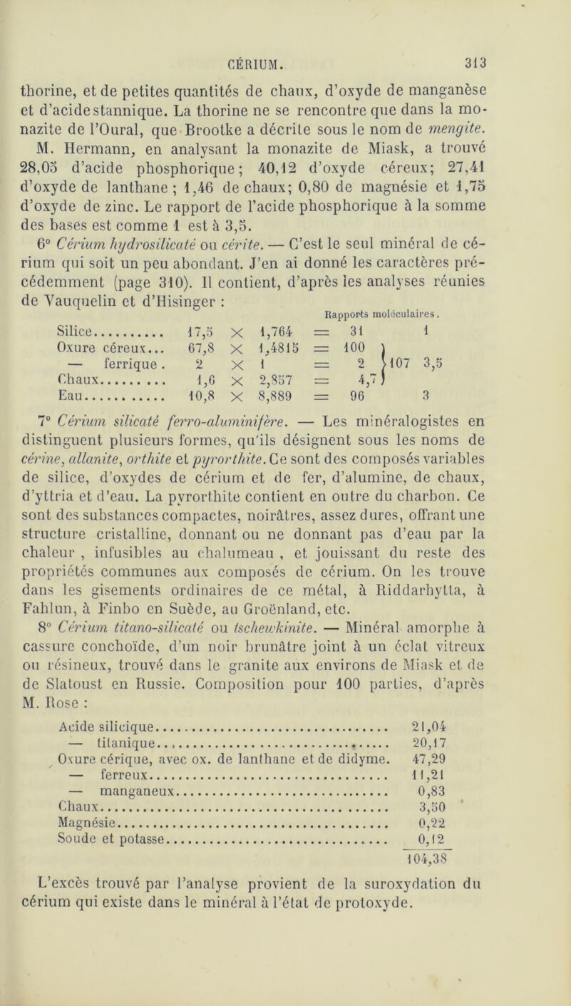 thorine, et de petites quantités de chaux, d’oxyde de manganèse et d’acidestannique. La thorine ne se rencontre que dans la mo- nazite de l’Oural, que Broolke a décrite sous le nom de mengite. M. Hermann, en analysant la monazite de Miask, a trouvé 28,05 d’acide phosphorique ; 40,12 d’oxyde céreux; 27,41 d’oxyde de lanthane ; 1,46 de chaux; 0,80 de magnésie et 1,75 d’oxyde de zinc. Le rapport de l’acide phosphorique à la somme des bases est comme 1 est à 3,5. 6° Cérium hydrosilicaté ou cérite. — C’est le seul minéral de cé- rium qui soit un peu abondant. J’en ai donné les caractères pré- cédemment (page 310). Il contient, d’après les analyses réunies de Vauquelin et d’Hisinger : Rapports moléculaires. Silice 17,5 X 1,764 = 31 1 Oxure céreux... 67,8 X 1,4815 = 100 ] — ferrique. 2 X 1 = 2 >107 3,5 Chaux 1,6 X 2,857 = 4,7 ) Eau 10,8 x 8,889 = 96 3 7° Cérium silicaté ferro-aluminifère. — Les minéralogistes en distinguent plusieurs formes, qu'ils désignent sous les noms de cérine, cdlanite, orthite et pyrorthite. Ce sont des composés variables de silice, d’oxydes de cérium et de fer, d’alumine, de chaux, d’yttria et d’eau. La pvrorlhite contient en outre du charbon. Ce sont des substances compactes, noirâtres, assez dures, offrant une structure cristalline, donnant ou ne donnant pas d’eau par la chaleur , infusibles au chalumeau , et jouissant du reste des propriétés communes aux composés de cérium. On les trouve dans les gisements ordinaires de ce métal, à Riddarhytta, à Fahlun, à Finbo en Suède, au Groenland, etc. 8° Cérium titano-silicaté ou tschewkinite. — Minéral amorphe à cassure conchoïde, d’un noir brunâtre joint à un éclat vitreux ou résineux, trouvé dans le granité aux environs de Miask et de de Slatoust en Russie. Composition pour 100 parties, d’après M. Rose : Acide silicique 21,04 — tilanique... 20,17 Oxure cérique, avec ox. de lanthane et de didyme. 47,29 — ferreux 11,21 — manganeux 0,83 Chaux 3,50 Magnésie 0,22 Soude et potasse 0,12 104,38 L’excès trouvé par l’analyse provient de la suroxydation du cérium qui existe dans le minéral à l’état de protoxyde.