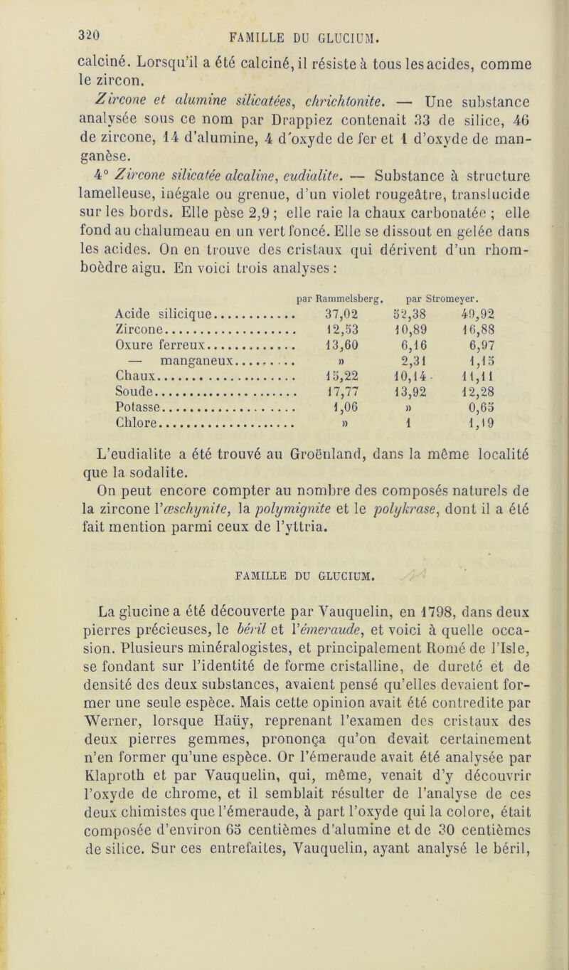 calciné. Lorsqu’il a été calciné, il résiste à tons les acides, comme le zircon. Zircone et alumine silicatées, chrichtonite. — Une substance analysée sous ce nom par Drappiez contenait 33 de silice, 46 de zircone, 14 d’alumine, 4 d’oxyde de fer et 1 d’oxyde de man- ganèse. 4° Zircone silicatée alcaline, cudialite. — Substance à structure lamelleuse, inégale ou grenue, d’un violet rougeâtre, translucide sur les bords. Elle pèse 2,9 ; elle raie la chaux carbonatée ; elle fond au chalumeau en un vert foncé. Elle se dissout en gelée dans les acides. On en trouve des cristaux qui dérivent d’un rhom- boèdre aigu. En voici trois analyses : par Rammelsberg. par Stromeyer. Acide silicique 37,02 52,38 49,92 Zircone 12,53 10,89 16,88 Oxure ferreux 13,60 6,16 6,97 — manganeux 2,31 1,15 Chaux 15,22 10,14- 11,11 Soude 17,77 13,92 12,28 Potasse » 0,65 Chlore 1 1,19 L’eudialite a été trouvé au Groenland, dans la même localité que la sodalite. On peut encore compter au nombre des composés naturels de la zircone Vœschynife, la polymignite et le polykrase, dont il a été fait mention parmi ceux de l’yttria. FAMILLE DU GLUCIUM. La glucinea été découverte par Vauquelin, en 1798, dans deux pierres précieuses, le béril et l’émeraude, et voici à quelle occa- sion. Plusieurs minéralogistes, et principalement Romé de l’Isle, se fondant sur l’identité de forme cristalline, de dureté et de densité des deux substances, avaient pensé qu’elles devaient for- mer une seule espèce. Mais cette opinion avait été contredite par Werner, lorsque Haüy, reprenant l’examen des cristaux des deux pierres gemmes, prononça qu’on devait certainement n’en former qu’une espèce. Or l’émeraude avait été analysée par Klaproth et par Vauquelin, qui, même, venait d’y découvrir l’oxyde de chrome, et il semblait résulter de l’analyse de ces deux chimistes que l’émeraude, à part l’oxyde qui la colore, était composée d’environ 65 centièmes d’alumine et de 30 centièmes de silice. Sur ces entrefaites, Vauquelin, ayant analysé le béril,