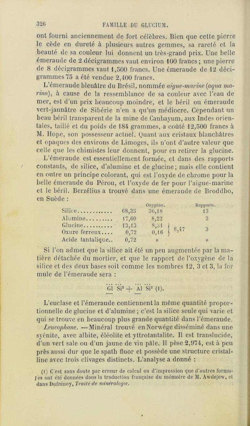 ont fourni anciennement de fort célèbres. Bien que celte pierre le cède en dureté à plusieurs autres gemmes, sa rareté et la beauté de sa couleur lui donnent un très-grand prix. Une belle émeraude de 2 décigrammcs vaut environ 100 francs ; une pierre de 8 décigrammcs vaut 1,500 francs. Une émeraude de 12 déci- grammes 75 a été vendue 2,400 francs. L’émeraude bleuâtre du Brésil, nommée aigue-marine (aqua ma- rina), à cause de la ressemblance de sa couleur avec l’eau de mer, est d’un prix beaucoup moindre, et le béril ou émeraude vert-jaunâtre de Sibérie n’en a qu’un médiocre. Cependant un beau béril transparent de la mine de Canbayum, aux Indes orien- tales, taillé et du poids de 184 grammes, a coûté 12,500 francs à M. Hope, son possesseur actuel. Quant aux cristaux blanchâtres et opaques des environs de Limoges, ils n’ont d’autre valeur que celle que les chimistes leur donnent, pour en retirer la glucine. L’émeraude est essentiellement formée, et dans des rapports constants, de silice, d’alumine et de glucine; mais elle contient en outre un principe colorant, qui est l’oxyde de chrome pour la belle émeraude du Pérou, et l’oxyde de fer pour l’aigue-marine et le béril. Berzélius a trouvé dans une émeraude de Broddbo, en Suède : Silice 68,33 Oxygène. 36,18 Alumine 17,60 8,22 Glucine 13,13 8,31 | Oxure ferreux 0,72 0,16 j )) Acide tantalique.. 0,72 Si l’on admet que la silice ait été un peu augmentée par la ma- tière détachée du mortier, et que le rapport de l’oxygène de la silice et des deux bases soit comme les nombres 12, 3 et 3, la for mule de l’émeraude sera : G1 Si2 + Al si2 (1). L’euclase et l’émeraude contiennent la même quantité propor- tionnelle de glucine et d’alumine ; c’est la silice seule qui varie et qui se trouve en beaucoup plus grande quantité dans l’émeraude. Leucophone. —Minéral trouvé en Norwége disséminé dans une syénite, avec albite, éléolite et yttrotantalite. Il est translucide, d’un vert sale ou d’un jaune de vin pâle. Il pèse 2,974, est à peu près aussi dur que le spath fluor et possède une structure cristal- line avec trois clivages distincts. L’analyse a donné : (l) C'est sans doute par erreur de calcul ou d’impression que d'autres formu- les ont été données dans la traduction française du mémoire de M. Awdejev, et dans Dufrénoy, Traité de minéralogie.