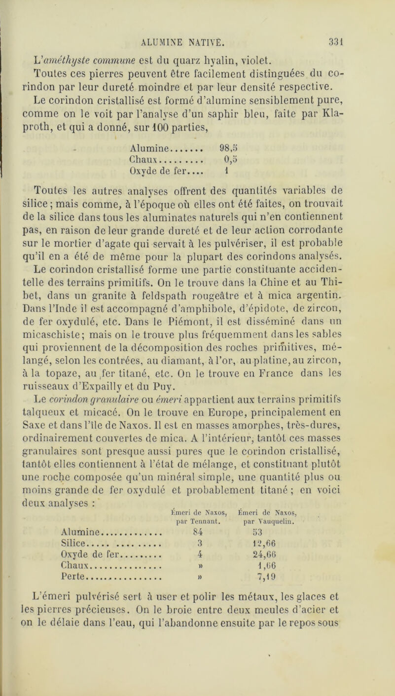 L’améthyste commune est du quarz hyalin, violet. Toutes ces pierres peuvent être facilement distinguées du co- rindon par leur dureté moindre et par leur densité respective. Le corindon cristallisé est formé d’alumine sensiblement pure, comme on le voit par l’analyse d’un saphir bleu, faite par Kla- proth, et qui a donné, sur 100 parties, Alumine 98,5 Chaux 0,5 Oxyde de fer.... i Toutes les autres analyses offrent des quantités variables de silice ; mais comme, à l’époque où elles ont été faites, on trouvait de la silice dans tous les aluminates naturels qui n’en contiennent pas, en raison de leur grande dureté et de leur action corrodante sur le mortier d’agate qui servait à les pulvériser, il est probable qu’il en a été de même pour la plupart des corindons analysés. Le corindon cristallisé forme une partie constituante acciden- telle des terrains primitifs. On le trouve dans la Chine et au Tili- bèt, dans un granité à feldspath rougeâtre et à mica argentin. Dans l’Inde il est accompagné d’amphibole, d’épidote, dezircon, de fer oxydulé, etc. Dans le Piémont, il est disséminé dans un micaschiste; mais on le trouve plus fréquemment dans les sables qui proviennent de la décomposition des roches primitives, mé- langé, selon les contrées, au diamant, à l’or, au platine, au zircon, à la topaze, au,fer titané, etc. On le trouve en France dans les ruisseaux d’Expaillyet du Puy. Le corindon granulaire ou émeri appartient aux terrains primitifs talqueux et micacé. On le trouve en Europe, principalement en Saxe et dansl’île de Naxos. Il est en masses amorphes, très-dures, ordinairement couvertes de mica. A l’intérieur, tantôt ces masses granulaires sont presque aussi pures que le corindon cristallisé, tantôt elles contiennent à l’état de mélange, et constituant plutôt une roche composée qu’un minéral simple, une quantité plus ou moins grande de fer oxydulé et probablement titané ; en voici deux analyses : Émeri de Naxos, Émeri de Naxos, par Tennant. par Yauquelin. Alumine 84 53 Silice 3 12,66 Oxyde de fer 4 24, G6 Chaux . » 1,66 Perte . . » 7,19 L’émeri pulvérisé sert â user et polir les métaux, les glaces et les pierres précieuses. On le broie entre deux meules d’acier et on le délaie dans l’eau, qui l’abandonne ensuite par le repos sous