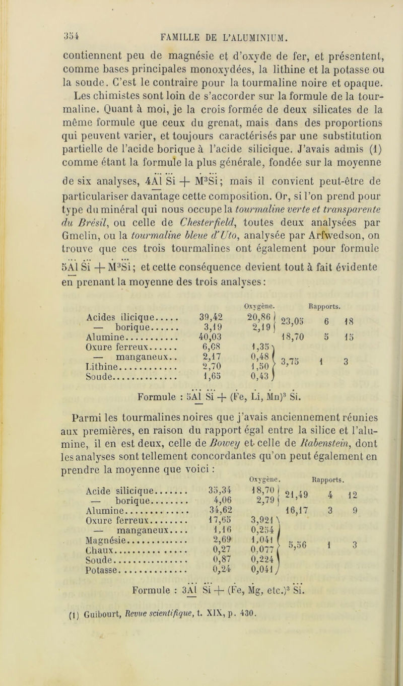 contiennent peu de magnésie et d’oxvde de fer, et présentent, comme bases principales monoxydées, la lithine et la potasse ou la soude. C’est le contraire pour la tourmaline noire et opaque. Les chimistes sont loin de s’accorder sur la formule de la tour- maline. Quant à moi, je la crois formée de deux silicates de la même formule que ceux du grenat, mais dans des proportions qui peuvent varier, et toujours caractérisés par une substitution partielle de l’acide borique à l’acide silicique. J’avais admis (1) comme étant la formule la plus générale, fondée sur la moyenne de six analyses, 4AÎ Si-f- M:1Si; mais il convient peut-être de particulariser davantage cette composition. Or, si l’on prend pour type du minéral qui nous occupe la tourmaline verte et transparente du Brésil, ou celle de Chesterfield, toutes deux analysées par Gmclin, ou la tourmaline bleue d'Uto, analysée par Arfvvedson, on trouve que ces trois tourmalines ont également pour formule 5A1 Si -f MaSi ; et cette conséquence devient tout à fait évidente en prenant la moyenne des trois analyses: Acides ilicique — borique Alumine Oxure ferreux — manganeux.. Lithine Soude Oxygène. 39,42 20,86 3,19 2,19 40,03 6,08 1,35> 2,17 0,48 | 2,70 1,50, 1,65 0,43 J Rapports. 23,05 6 18 18,70 5 15 3,75 1 3 Formule : 5A1 Si -j- (Fe, Li, Mn)3 Si. Parmi les tourmalines noires que j'avais anciennement réunies aux premières, en raison du rapport égal entre la silice et l’alu- mine, il en est deux, celle de Bowey et-celle de Babenstein, dont les analyses sont tellement concordantes qu’on peut également en prendre la moyenne que voici : Acide silicique 35,34 Oxvgène. 1 S,10 j borique 4,06 2,79 | Alumine 34,62 Oxure ferreux 17,65 3,921 \ — manganeux.. 1,16 0,254 1 Magnésie 2,69 1,041 f Chaux 0,27 0.077 ? Soude 0,87 0,224 \ Potasse 0,24 0,041 J 21,49 16,17 5,56 Formule : 3Al Si-f- (Fe, Mg, etc.)3 Si. Rapports. 4 3 12 9 (t) Guibourt, Revue scientifique, {. XIX, p. 430.