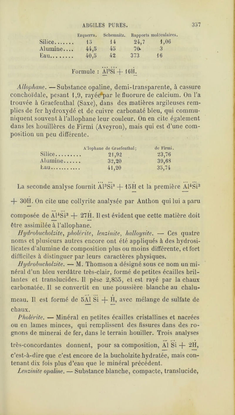 Ezquerra. Schemnitz. Rapports moléculaires Silice f 3 f 4 24,7 1,06 Alumine.... 44,5 45 70» 3 Eau 40,5 42 373 16 Formule : APSi —}— 1611. Allophane. —Substance opaline, demi-transparente, à cassure conchoïdale, pesant 1,9, rayée*par le fluorure de calcium. On l’a trouvée à Graefenthal (Saxe), dans des matières argileuses rem- plies de fer hydroxydé et de cuivre carbonaté bleu, qui commu- niquent souvent à l’allophane leur couleur. On en cite également dans les houillères de Firmi (Aveyron), mais qui est d’une com- position un peu différente. A'iophane de Graefenthal; de Firmi. Silice 21,92 23,76 Alumine 32,20 39,68 Eau 41,20 33,74 La seconde analyse fournit Al3Sili -f- loH et la première Al4Si3 -f- 3011. On cite une collyrite analysée par Anthon qui lui a paru composée de AOSi3 -f- 27H. Il est évident que cette matière doit être assimilée à l’allophane. Hydrobucholzite, pholérite, lenzinite, halloysite. — Ces quatre noms et plusieurs autres encore ont été appliqués à des hydrosi- licales d’alumine de composition plus ou moins différente, et fort difficiles à distinguer par leurs caractères physiques. Hydrobucholzite. — M. Thomson a désigné sous ce nom un mi- néral d’un bleu verdâtre très-clair, formé de petites écailles bril- lantes et translucides. Il pèse 2,835, et est rayé par la chaux carbonatée. Il se convertit en une poussière blanche au chalu- meau. Il est formé de 5A1 Si -f- II, avec mélange de sulfate de chaux. Pholérite. — Minéral en petites écailles cristallines et nacrées ou en lames minces, qui remplissent des fissures dans des ro- gnons de minerai de fer, dans le terrain houiller. Trois analyses très-concordantes donnent, pour sa composition, Al Si -J- 2H, c’est-à-dire que c’est encore de la bucholzite hydratée, mais con- tenant dix fois plus d’eau que le minéral précédent. Lenzinite opaline. — Substance blanche, compacte, translucide,