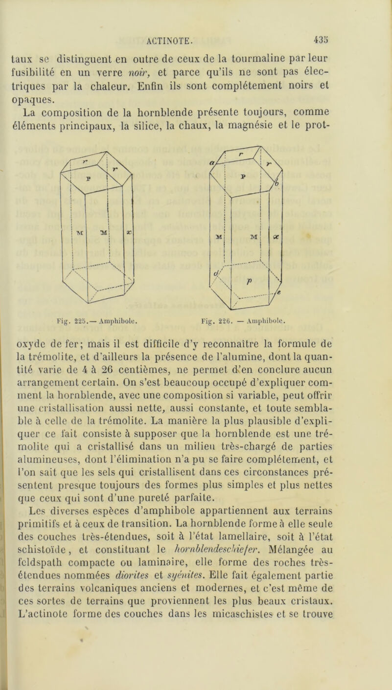 taux se distinguent en outre de ceux de la tourmaline par leur fusibilité en un verre noir, et parce qu’ils ne sont pas élec- triques par la chaleur. Enfin ils sont complètement noirs et opaques. La composition de la hornblende présente toujours, comme éléments principaux, la silice, la chaux, la magnésie et le prot- oxyde de fer; mais il est difficile d’v reconnaître la formule de la trémolite, et d’ailleurs la présence de l’alumine, dont la quan- tité varie de 4 à 26 centièmes, ne permet d’en conclure aucun arrangement certain. On s’est beaucoup occupé d’expliquer com- ment la hornblende, avec une composition si variable, peut offrir une cristallisation aussi nette, aussi constante, et toute sembla- ble à celle de la trémolite. La manière la plus plausible d’expli- quer ce fait consiste à supposer que la hornblende est une tré- molite qui a cristallisé dans un milieu très-chargé de parties alumineuses, dont l’élimination n’a pu se faire complètement, et l’on sait que les sels qui cristallisent dans ces circonstances pré- sentent presque toujours des formes plus simples et plus nettes que ceux qui sont d’une pureté parfaite. Les diverses espèces d’amphibole appartiennent aux terrains primitifs et à ceux de transition. La hornblende forme à elle seule des couches très-étendues, soit à l’état lamellaire, soit à l’état schistoïde, et constituant le hornblcndeschiefer. Mélangée au feldspath compacte ou laminaire, elle forme des roches très- étendues nommées diorites et syénites. Elle fait également partie des terrains volcaniques anciens et modernes, et c’est môme de ces sortes de terrains que proviennent les plus beaux cristaux. L’actinote forme des couches dans les micaschistes et se trouve