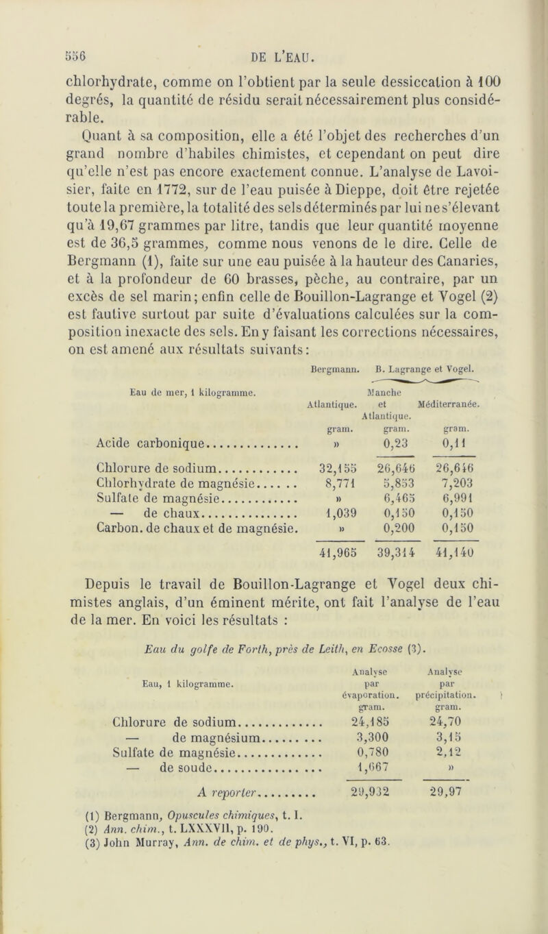 chlorhydrate, comme on l’obtient par la seule dessiccation à 100 degrés, la quantité de résidu serait nécessairement plus considé- rable. Quant à sa composition, elle a été l’objet des recherches d’un grand nombre d’habiles chimistes, et cependant on peut dire qu’elle n’est pas encore exactement connue. L’analyse de Lavoi- sier, faite en 1772, sur de l’eau puisée à Dieppe, doit être rejetée toute la première, la totalité des sels déterminés par lui ne s’élevant qu’à 19,67 grammes par litre, tandis que leur quantité moyenne est de 36,5 grammes, comme nous venons de le dire. Celle de Bergmann (1), faite sur une eau puisée à la hauteur des Canaries, et à la profondeur de 60 brasses, pèche, au contraire, par un excès de sel marin; enfin celle de Bouillon-Lagrange et Yogel (2) est fautive surtout par suite d’évaluations calculées sur la com- position inexacte des sels. En y faisant les corrections nécessaires, on est amené aux résultats suivants : Bergmann. B. Lagrange et Vogel. Eau de mer, 1 kilogramme. Manche Atlantique. et Méditerranée. Atlantique. grain. grani. gram. Acide carbonique » 0,23 0,11 Chlorure de sodium 32,155 26,646 26,646 Chlorhydrate de magnésie 8,771 5,833 7,203 Sulfate de magnésie » 6,465 6,991 — de chaux 1,039 0,150 0,150 Carbon, de chaux et de magnésie. »» 0,200 0,150 41,965 39,314 41,140 Depuis le travail de Bouillon-Lagrange et Yogel deux chi- mistes anglais, d’un éminent mérite, ont fait l’analyse de l’eau de la mer. En voici les résultats : Eau du golfe de Forlh, près de Leith, en Ecosse (3). Analyse Analyse Eau, 1 kilogramme. par par évaporation. précipitation. gram. gram. Chlorure de sodium 24,185 24,70 — de magnésium 3,300 3,15 Sulfate de magnésie 0,780 2,12 — de soude )) A reporter 29,932 29,97 (1) Bergmann, Opuscules chimiques, 1.1. (2) Ann. chim., t. LXX.XV11, p. 190. (3) John Murray, Ann. de chim. et de phys., t. VI, p. 63.